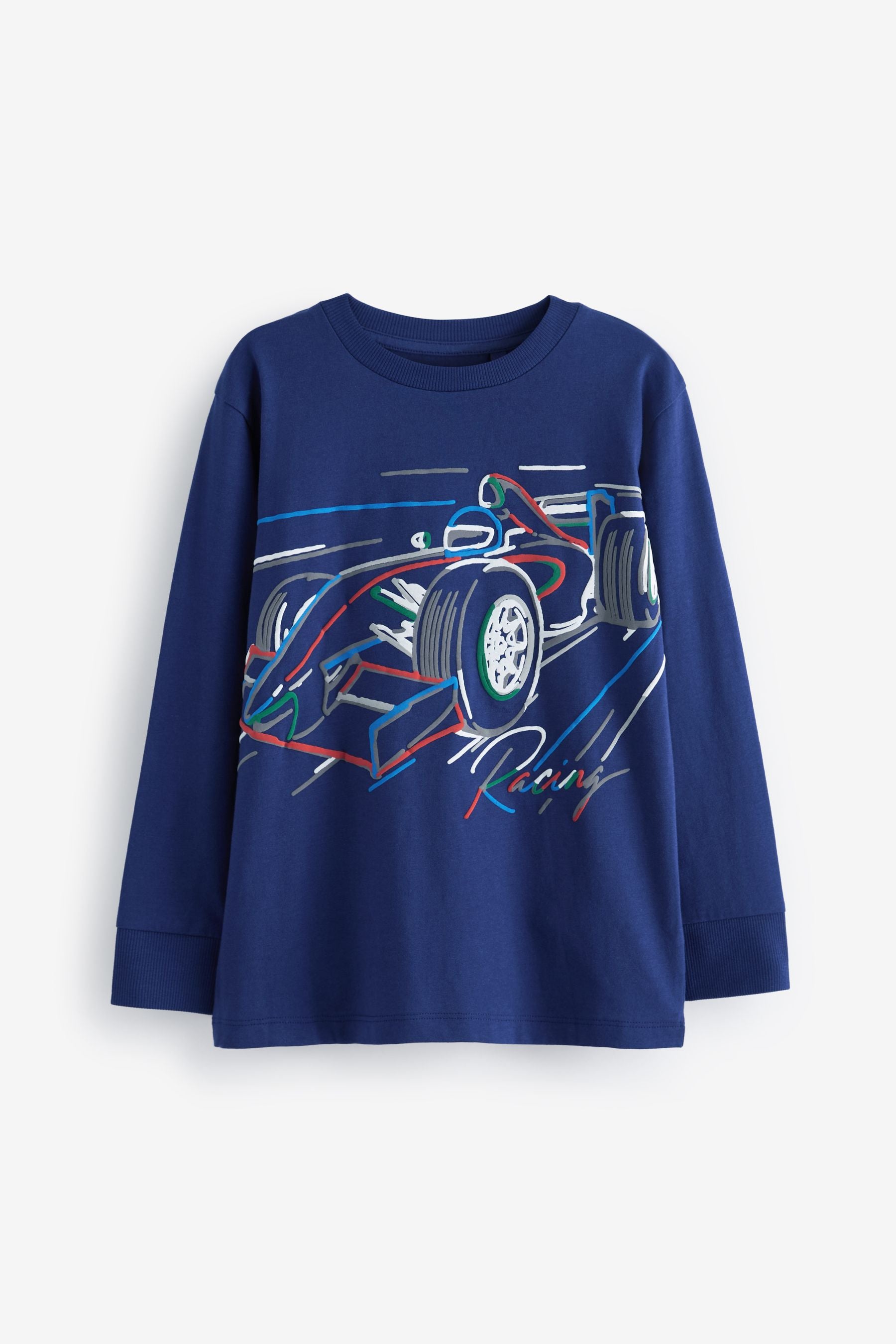 Navy Blue Racing Car Long Sleeve Graphic 100% Cotton T-Shirt (3-16yrs)