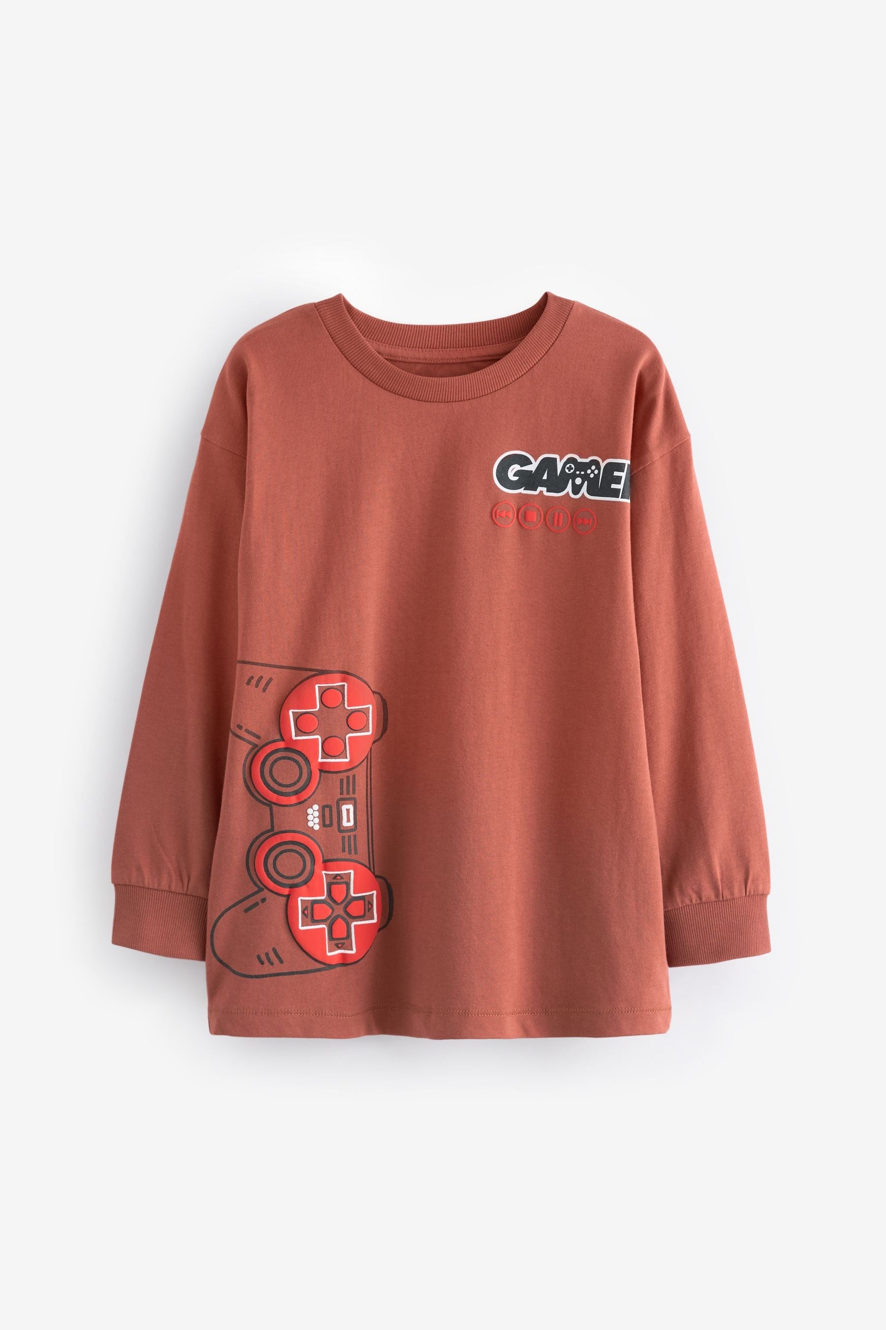 Rust Brown Game Controller Long Sleeve Graphic 100% Cotton T-Shirt (3-16yrs)