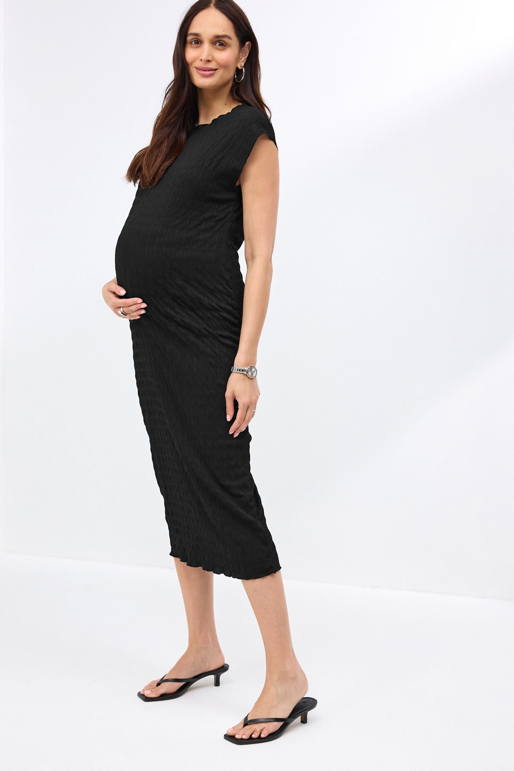 Black Maternity Short Sleeve Textured Column Dress