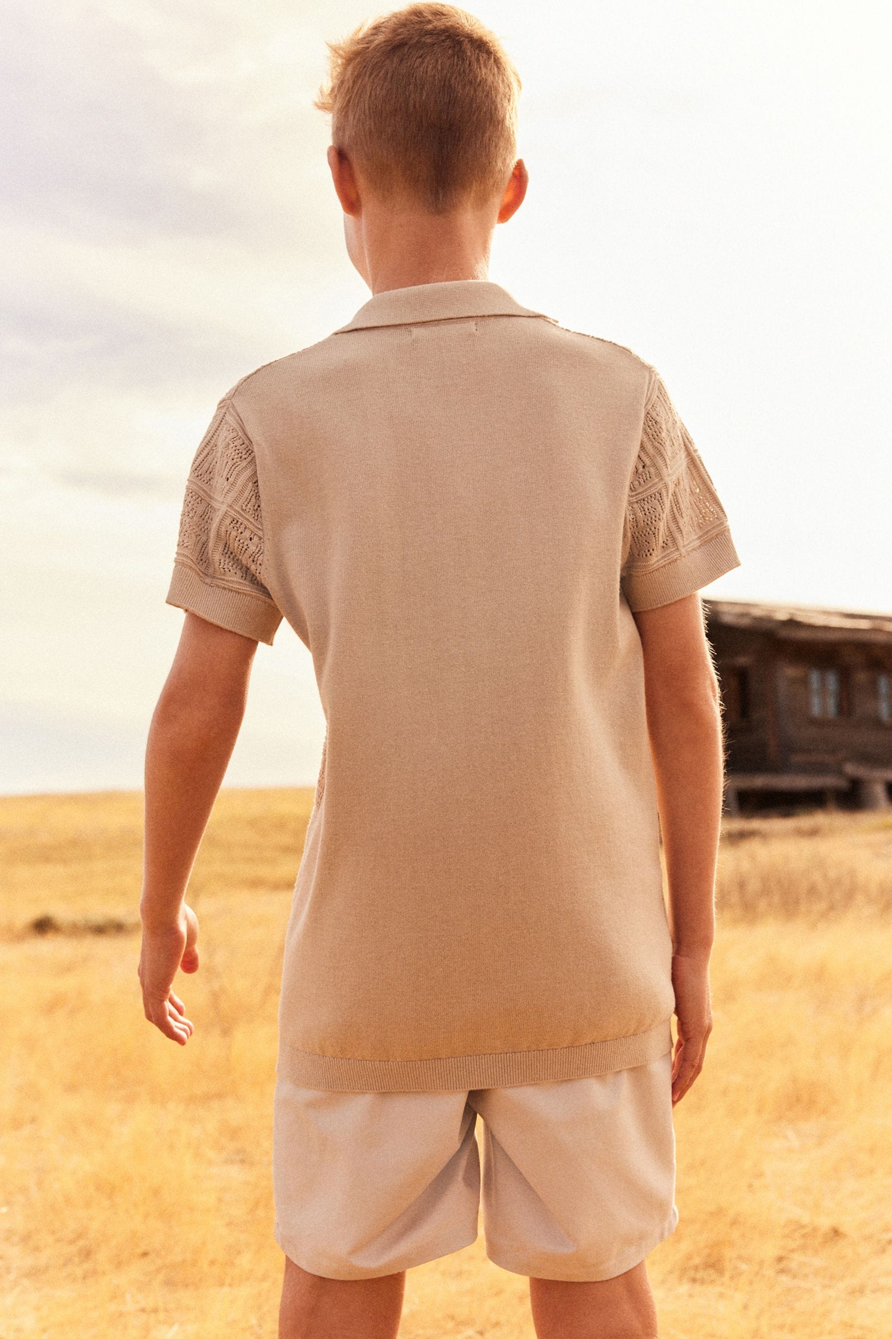 Neutral Short Sleeve Textured Knit Shirt (3-16yrs)