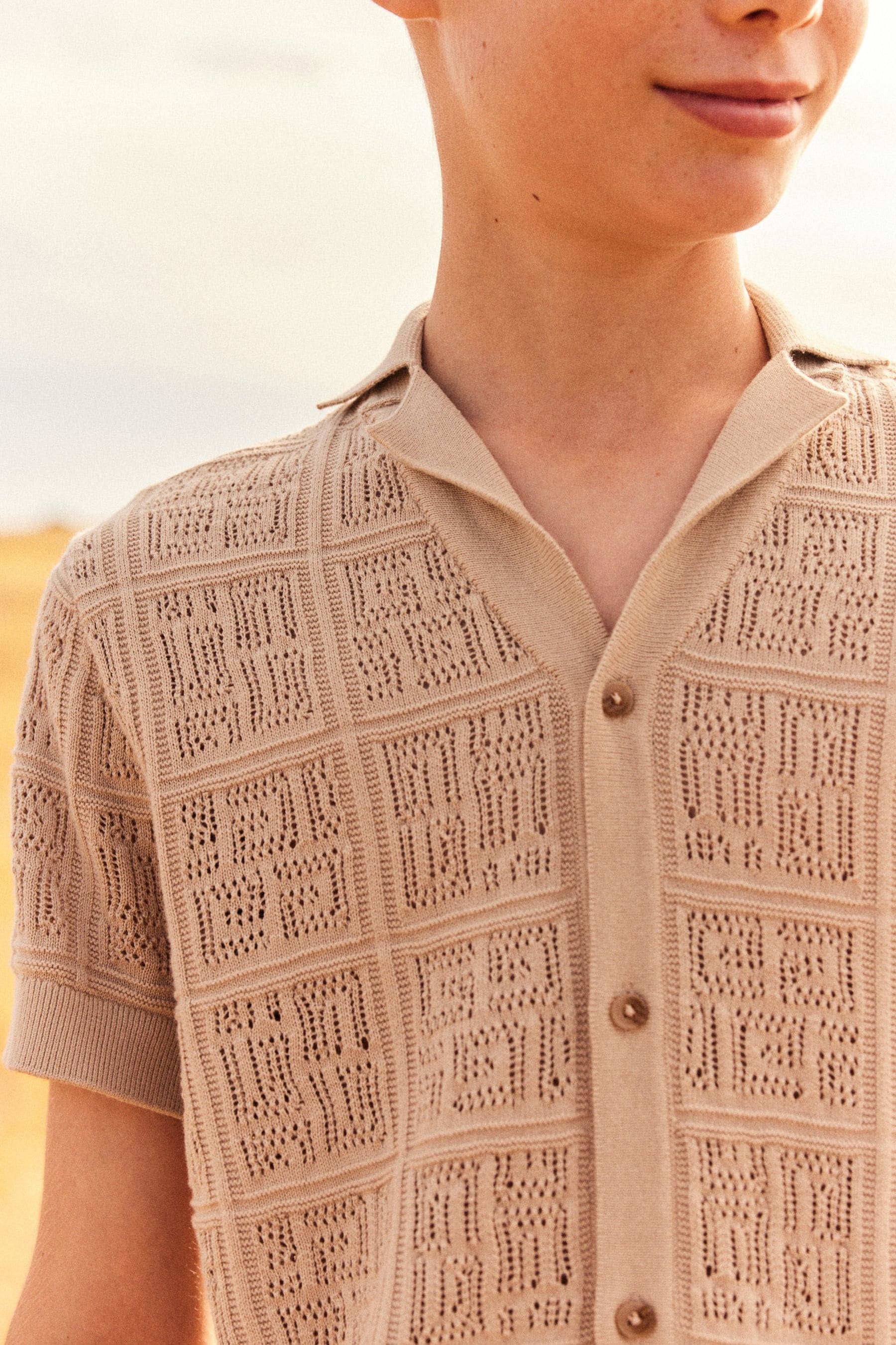 Neutral Short Sleeve Textured Knit Shirt (3-16yrs)