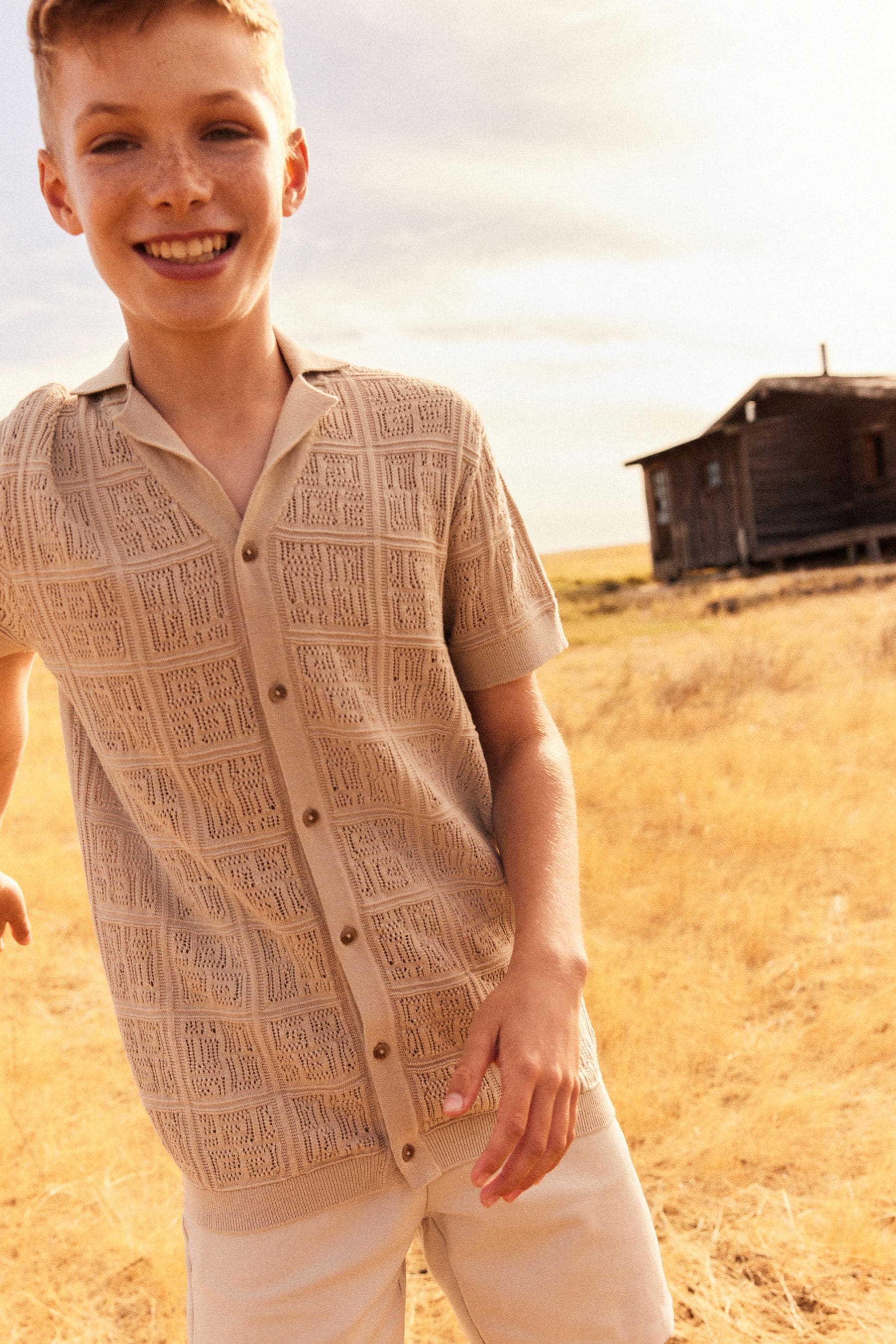 Neutral Short Sleeve Textured Knit Shirt (3-16yrs)