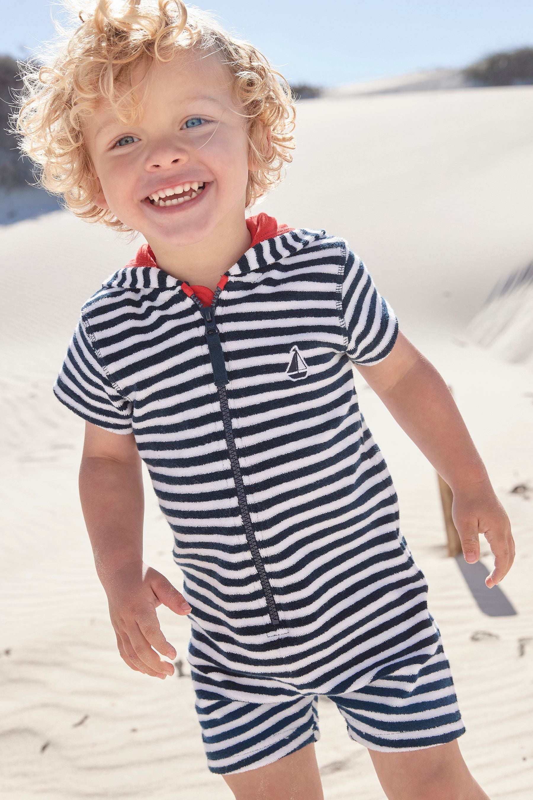 Navy Stripe Towelling All-In-One (3mths-7yrs)