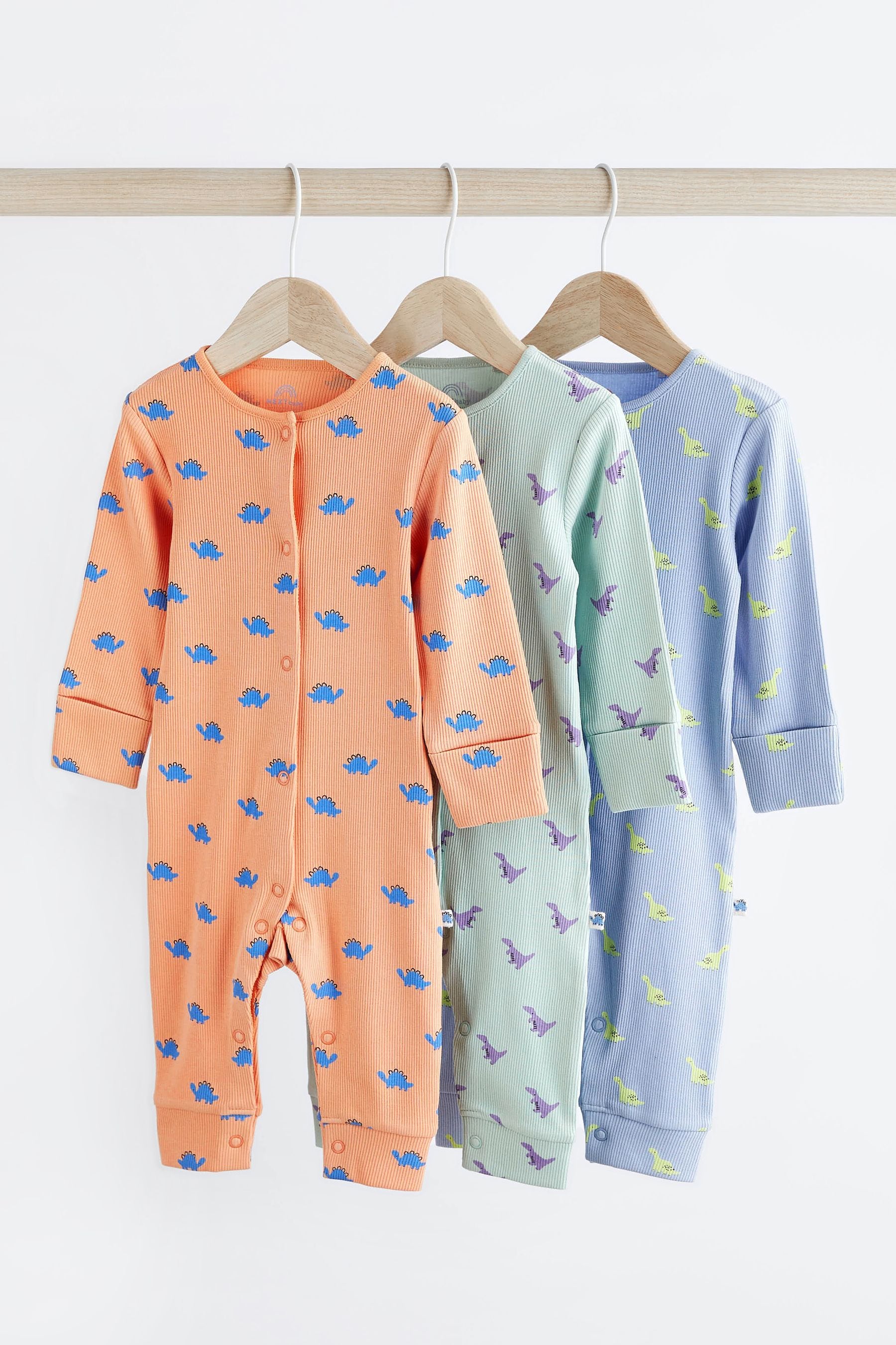 Orange/Blue Dino 3 Pack Baby Footless Sleepsuit (0mths-3yrs)