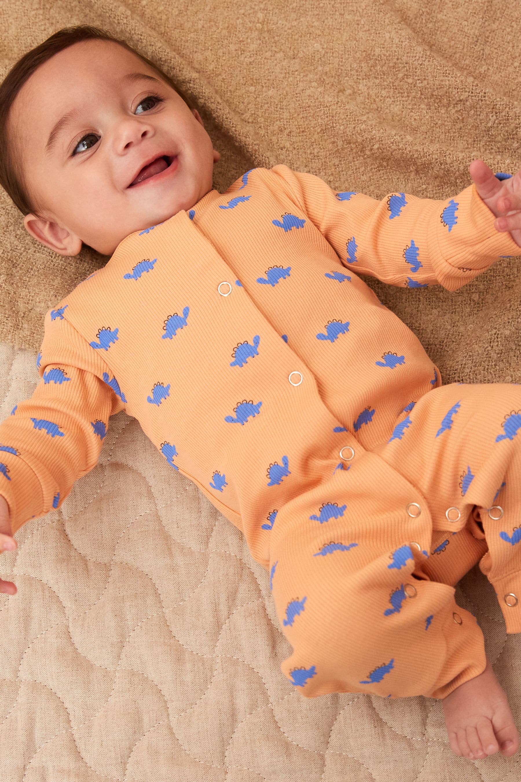 Orange/Blue Dino 3 Pack Baby Footless Sleepsuit (0mths-3yrs)