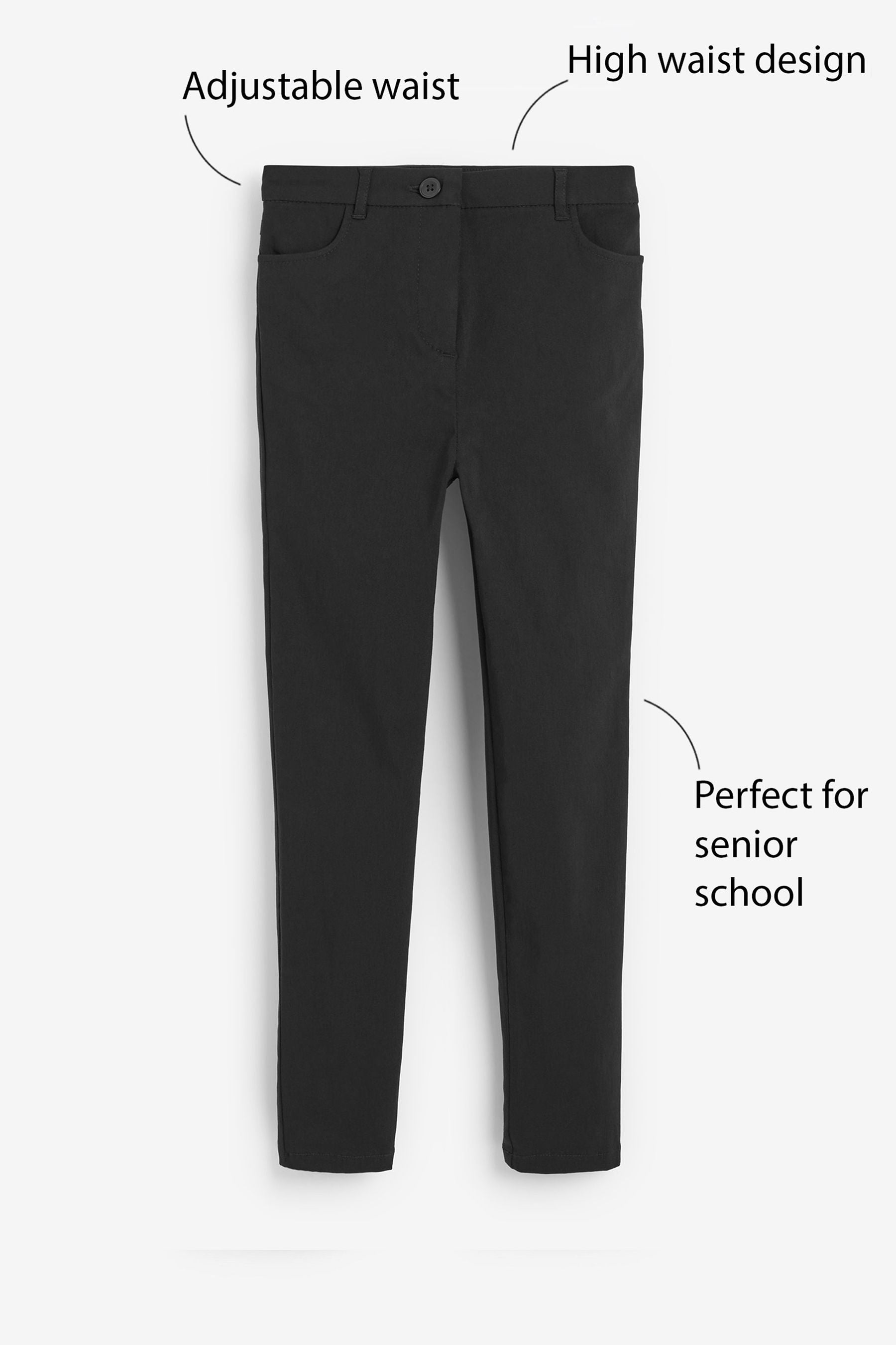 Dark Black Regular Length Skinny Fit Stretch High Waist School Trousers (9-18yrs)