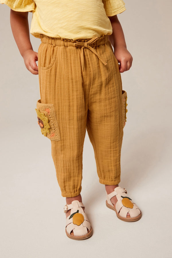 Ochre Yellow 100% Cotton Crochet Pocket Trousers (3mths-7yrs)