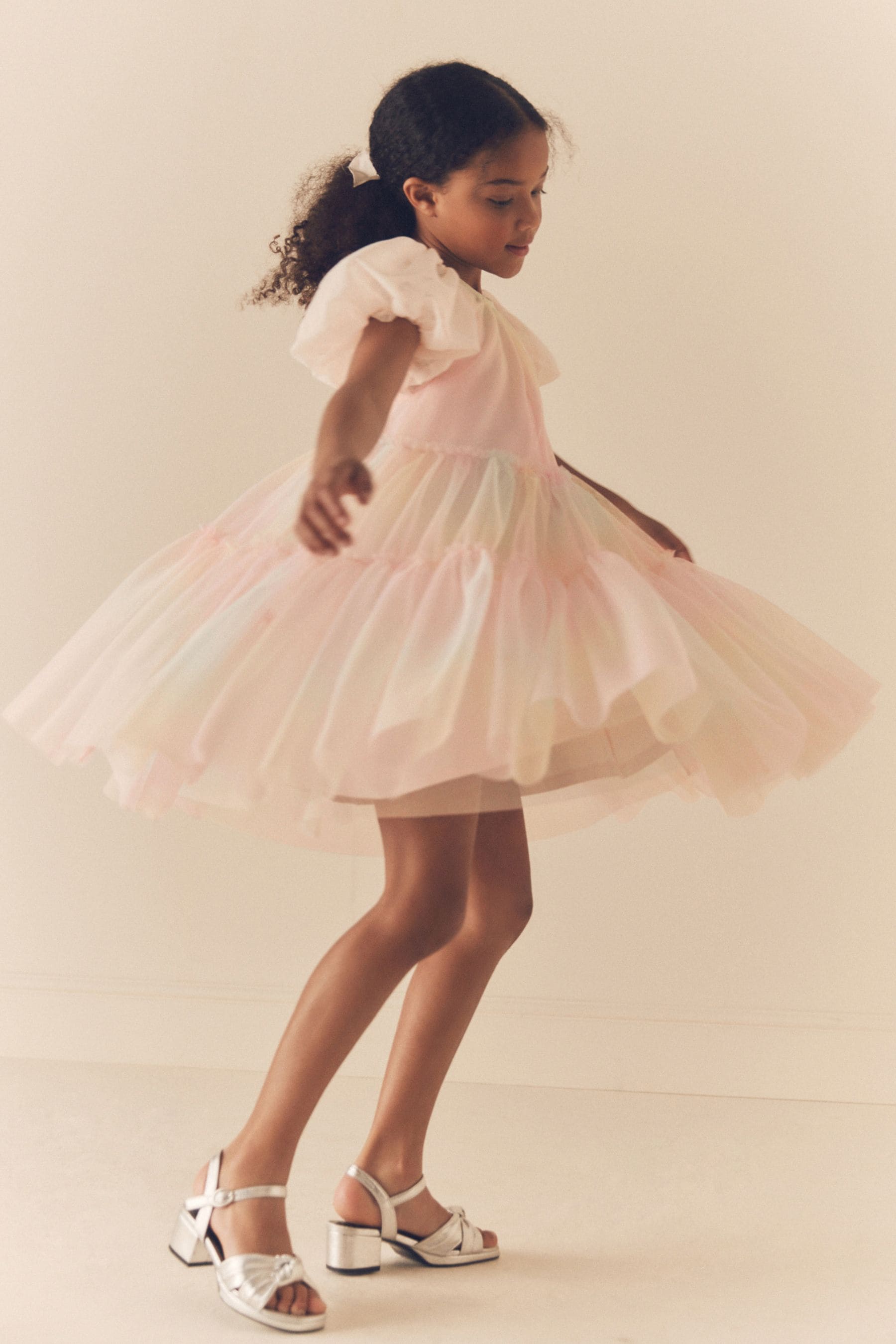 Pastel Pink Rainbow Mesh Puff Sleeve Party Dress (3-16yrs)