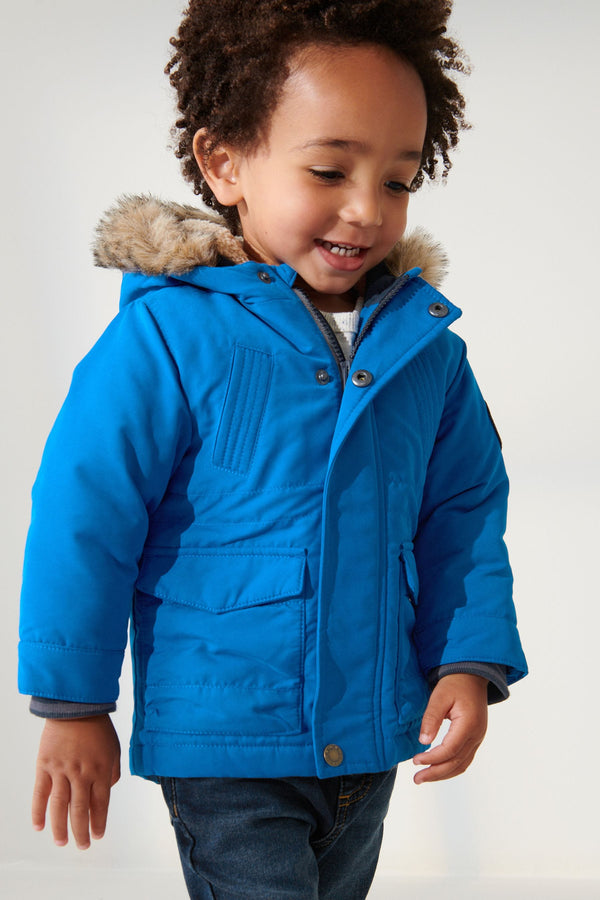 Cobalt Blue Shower Resistant Faux Fur Parka Coat (3mths-7yrs)