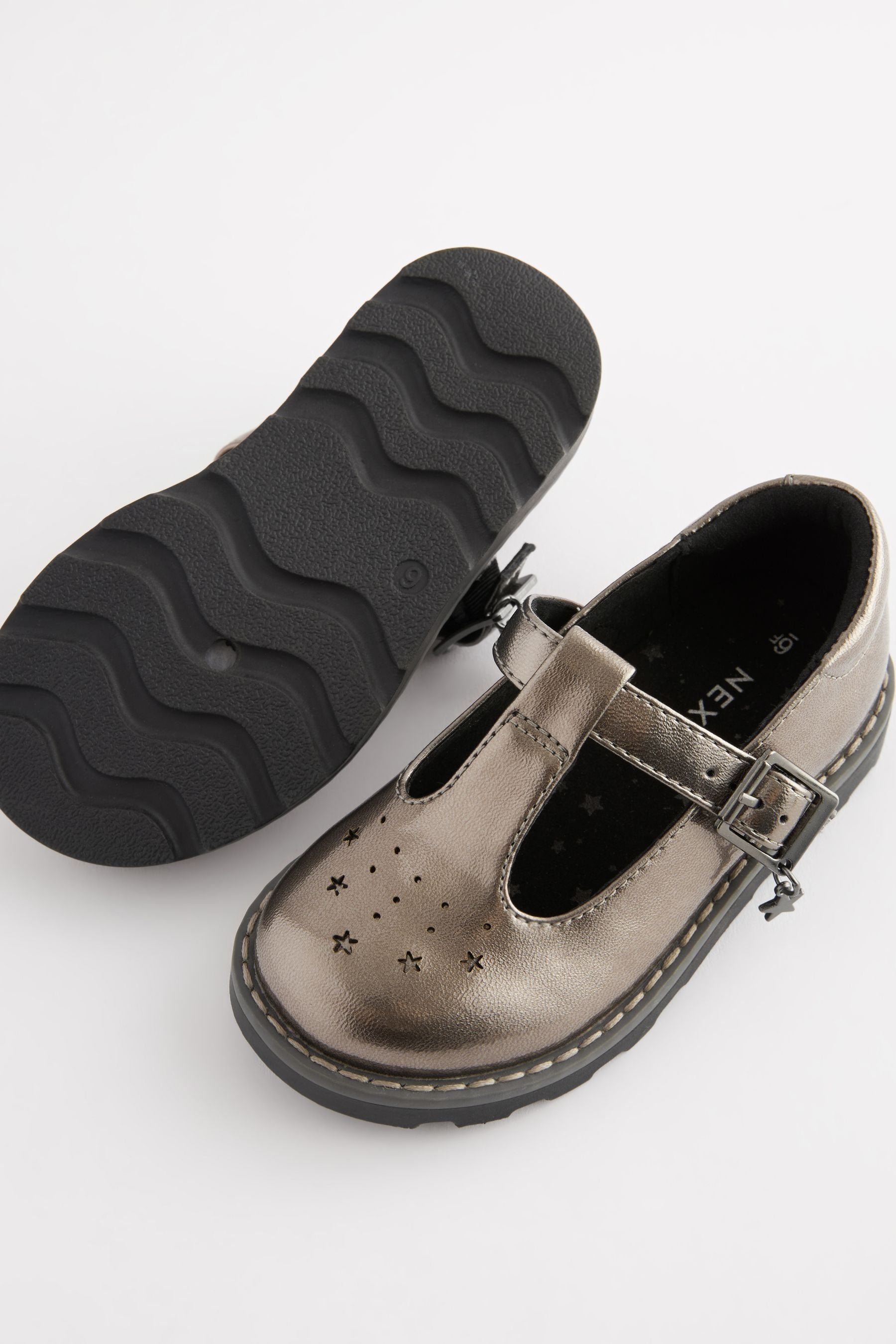 Silver Wide Fit (G) T-Bar Adjustable Buckle Shoes