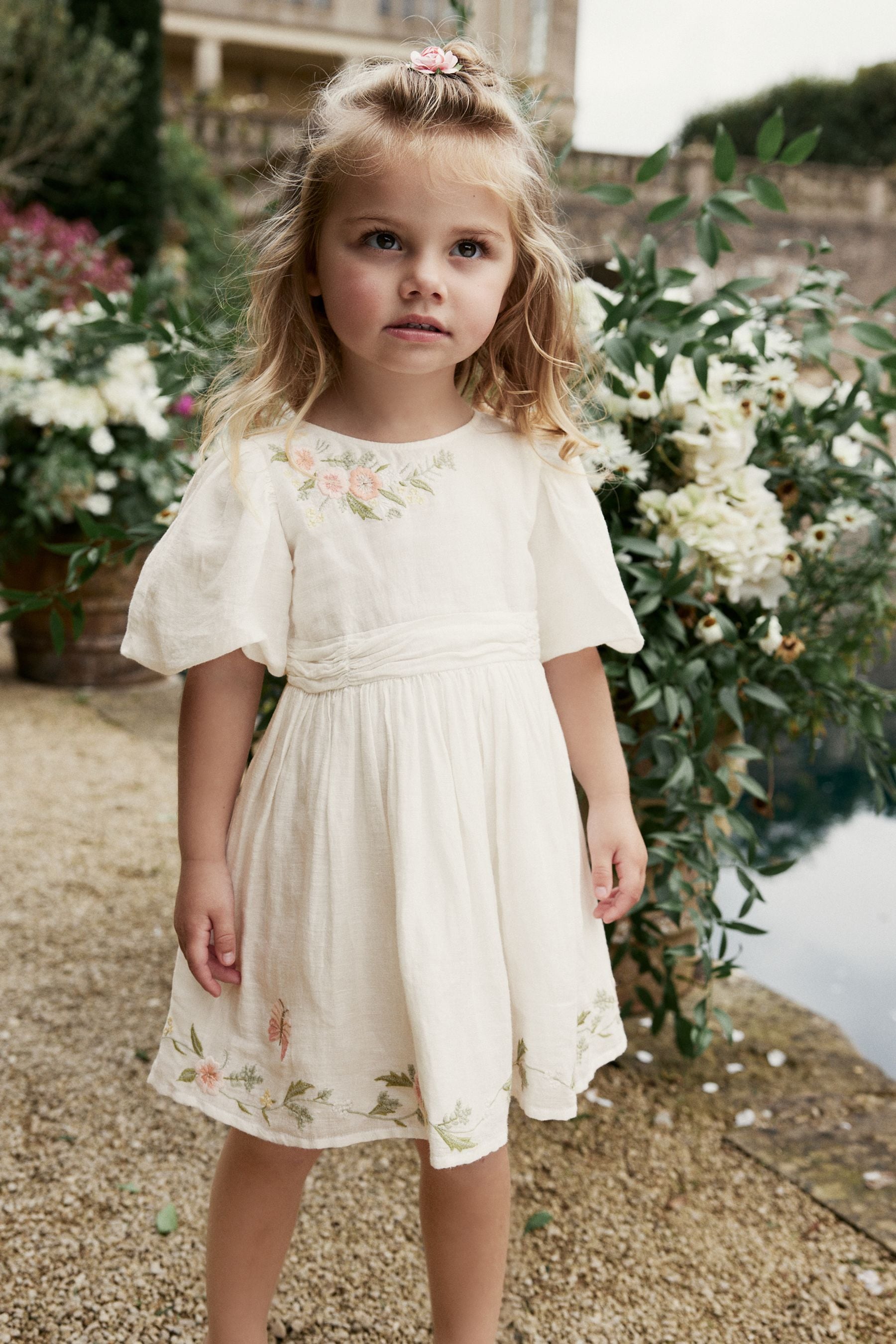 White Embroidered Cotton/Linen Blend Dress (3mths-10yrs)