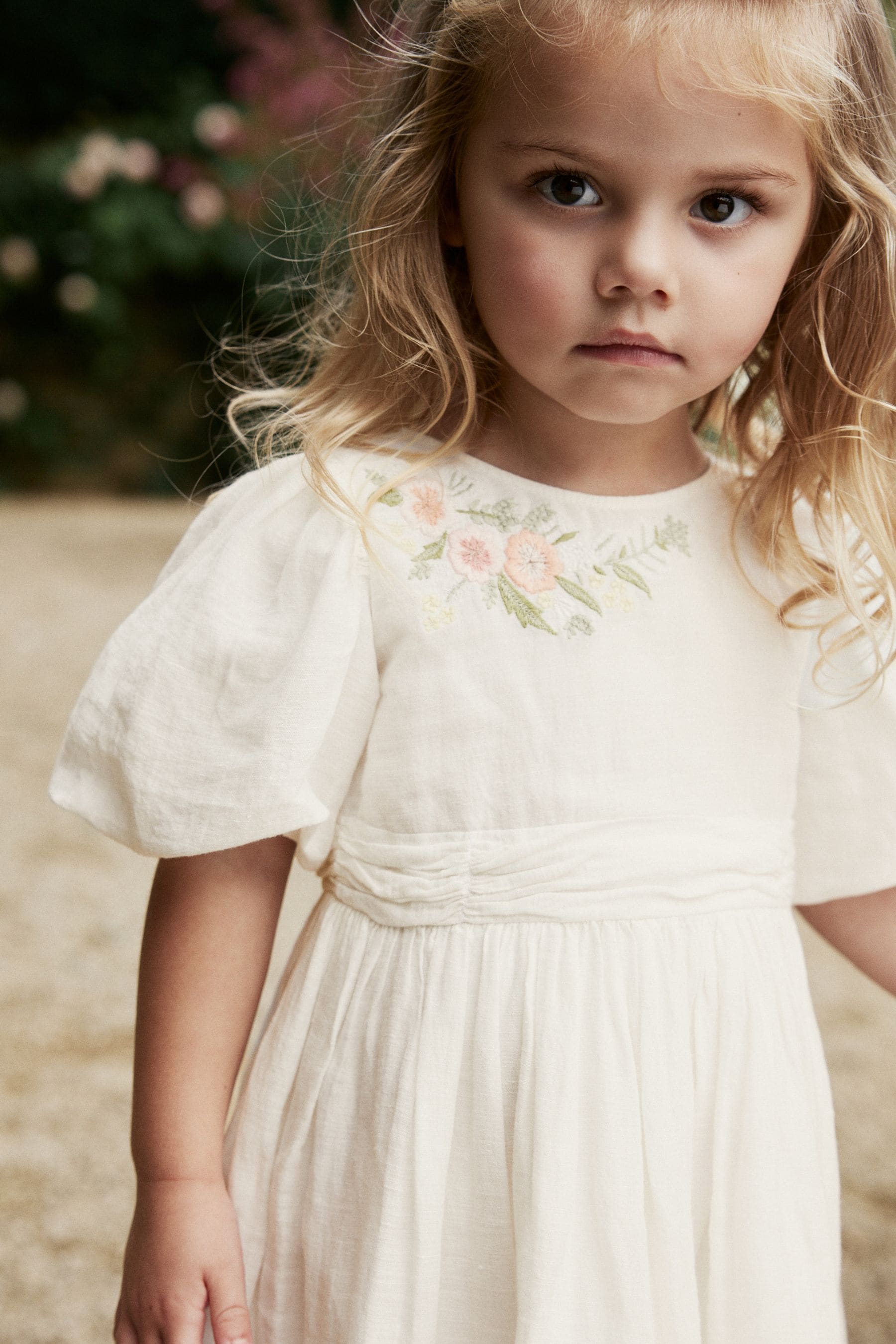 White Embroidered Cotton/Linen Blend Dress (3mths-10yrs)