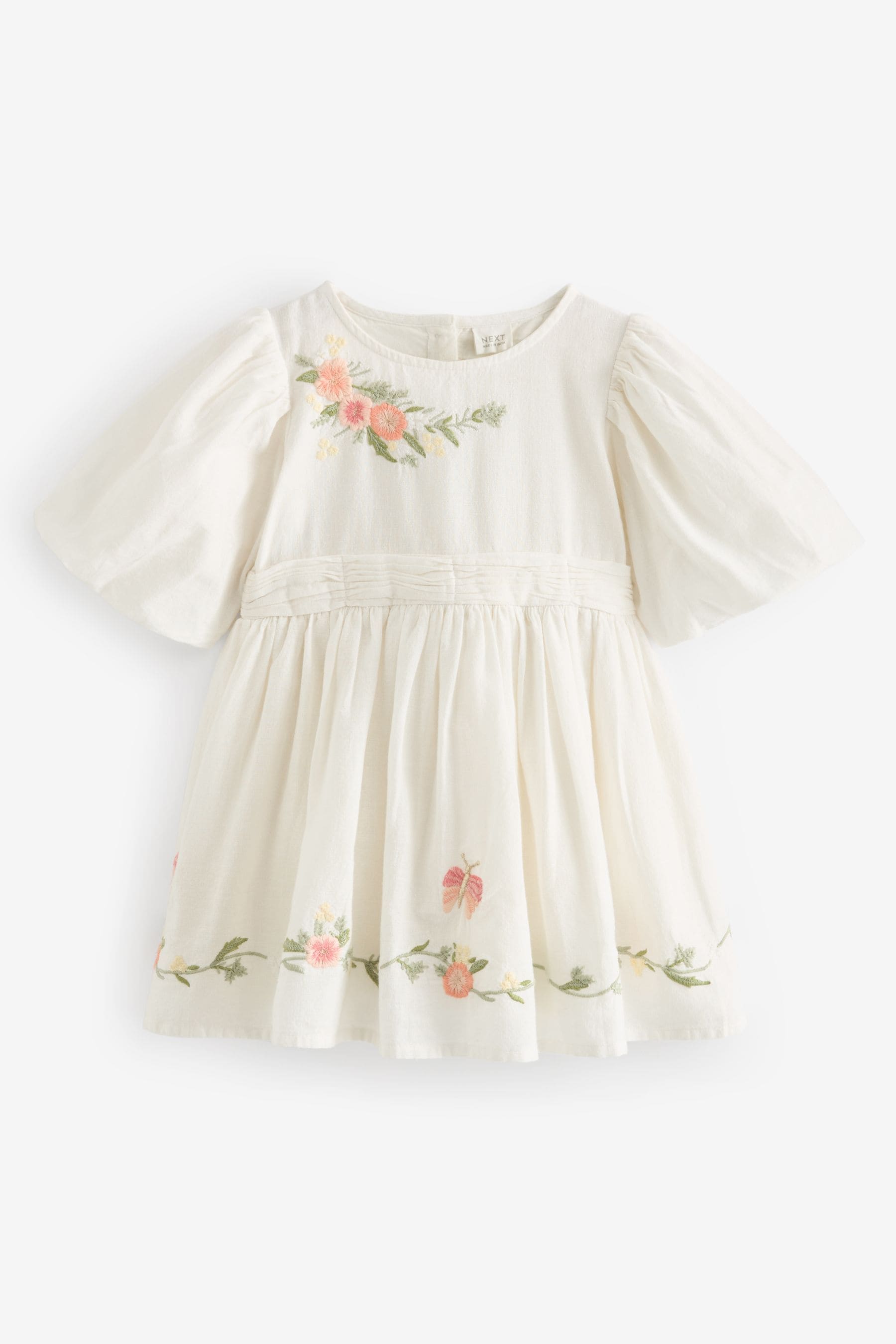 White Embroidered Cotton/Linen Blend Dress (3mths-10yrs)