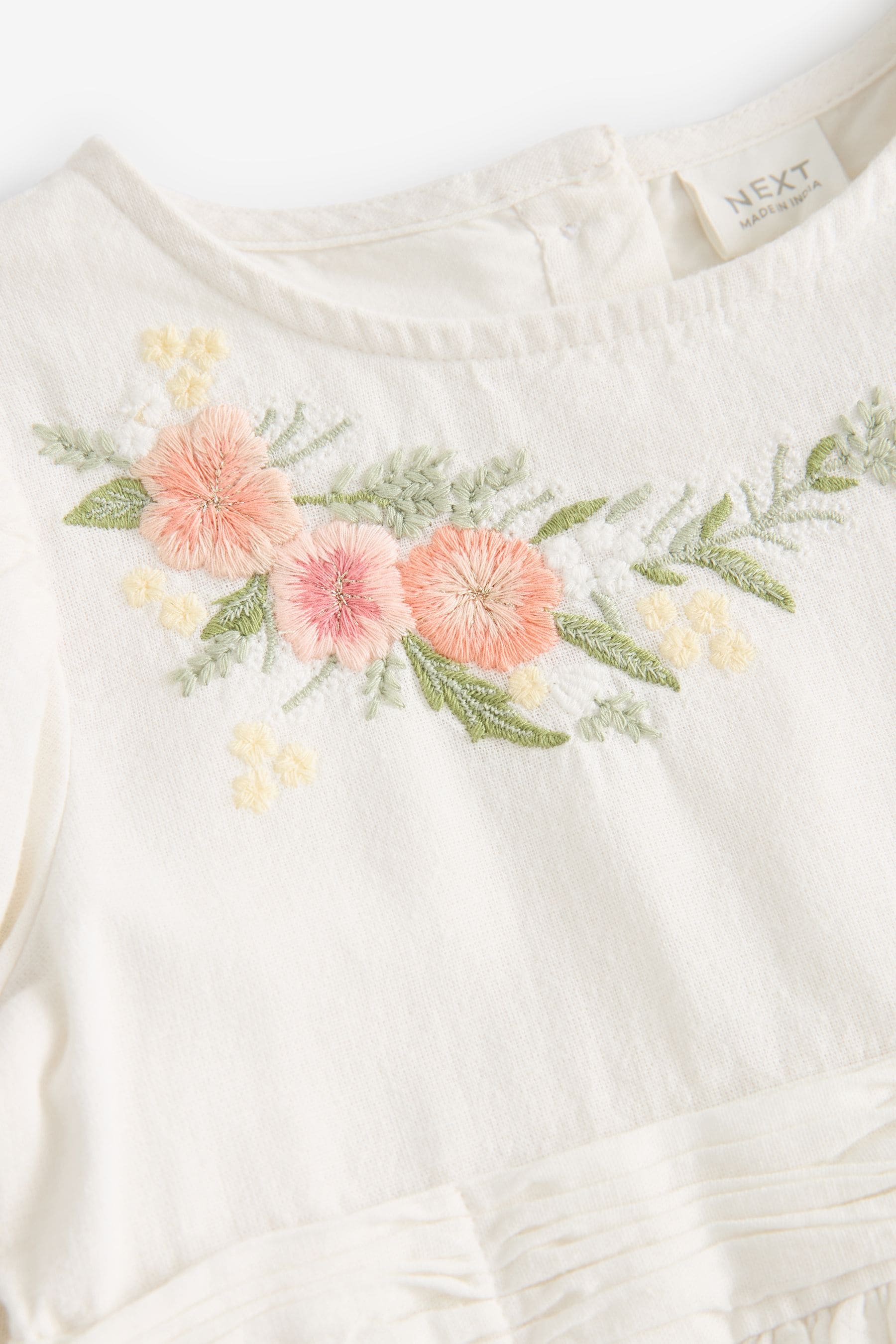 White Embroidered Cotton/Linen Blend Dress (3mths-10yrs)