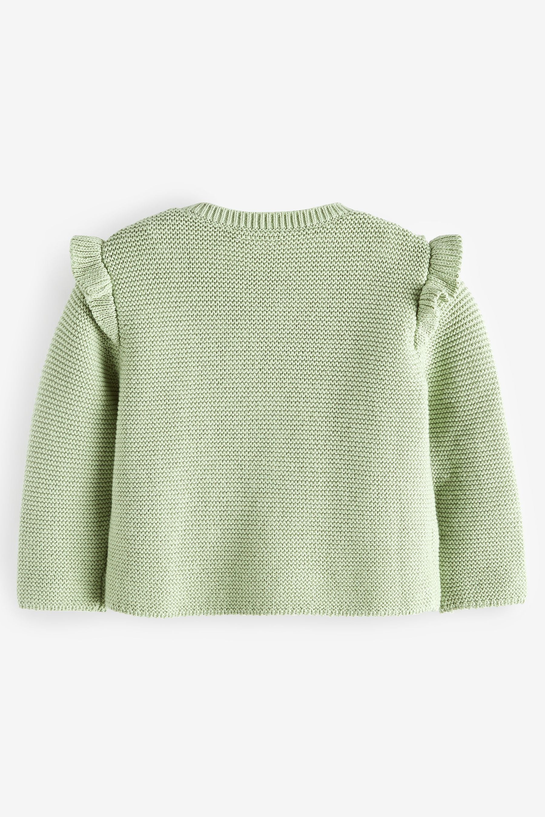 Sage Green Baby Frill Shoulder Knitted 100% Cotton Cardigan (0mths-2yrs)