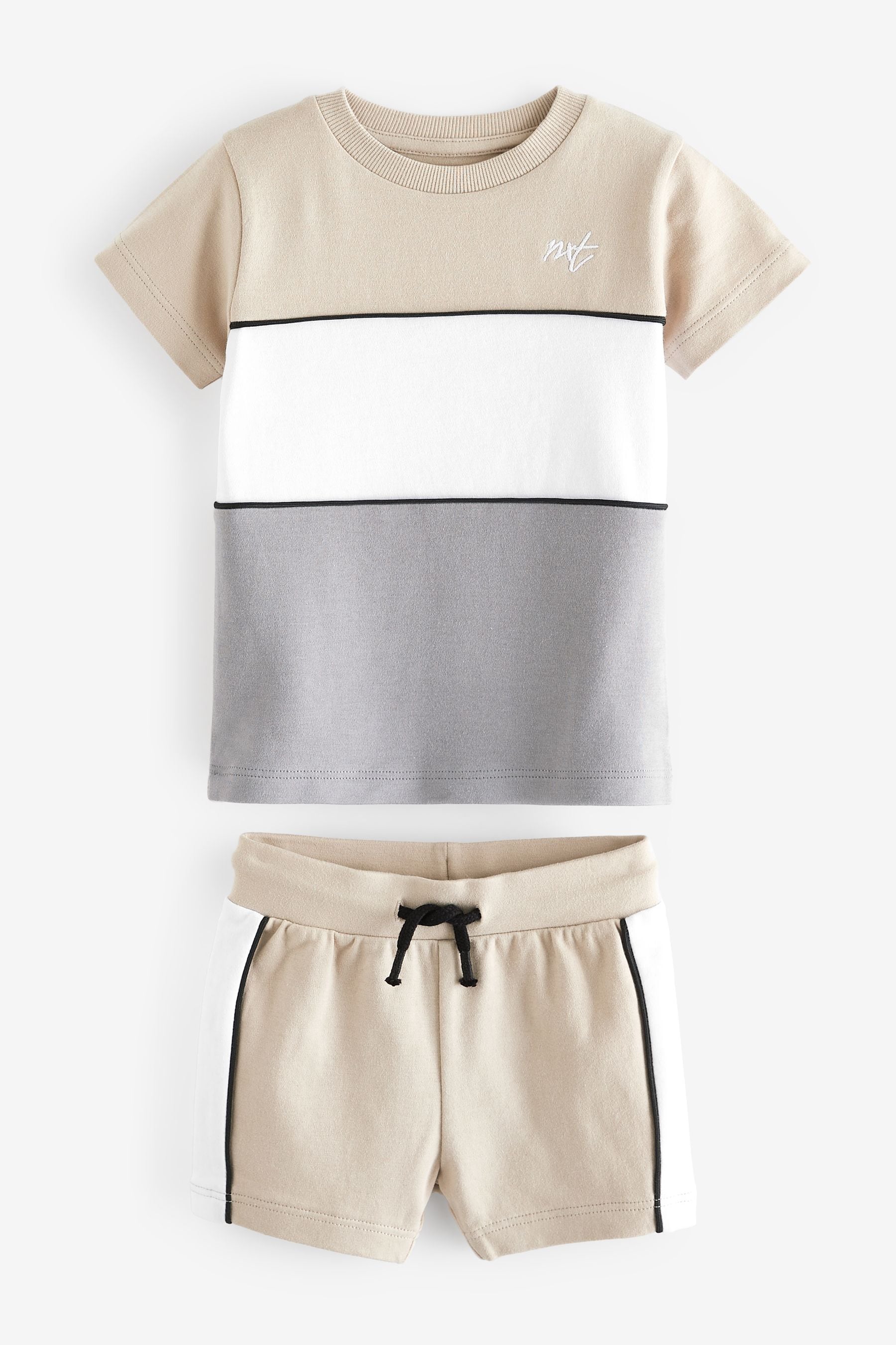 Neutral 100% Cotton Short Sleeve Colourblock T-Shirt and Shorts Set (3mths-7yrs)