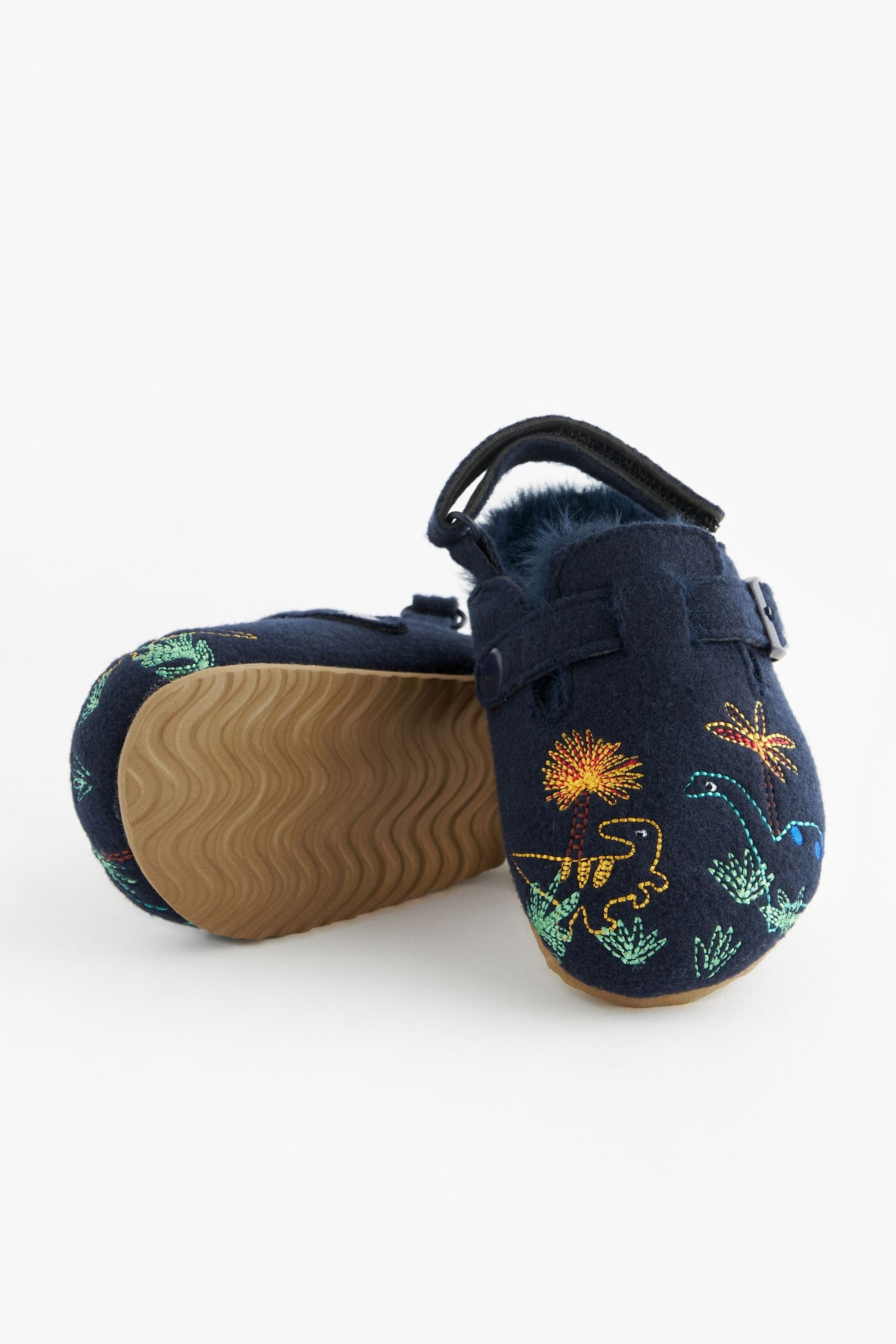 Navy Dinosaur Faux Fur Lined Clog Slippers