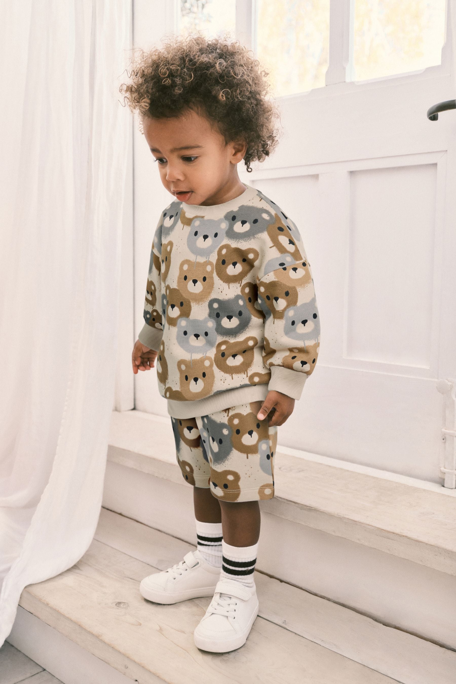 Neutral Drippy Bear Jersey 100% Cotton Crew Neck Sweatshirt and Short Set (3mths-7yrs)