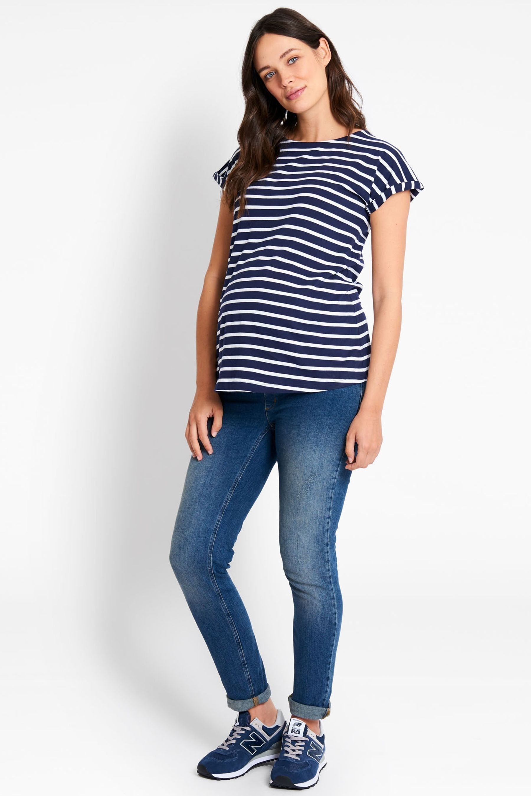 Navy White Stripe JoJo Maman Bébé Boyfriend Cotton Maternity T-Shirt