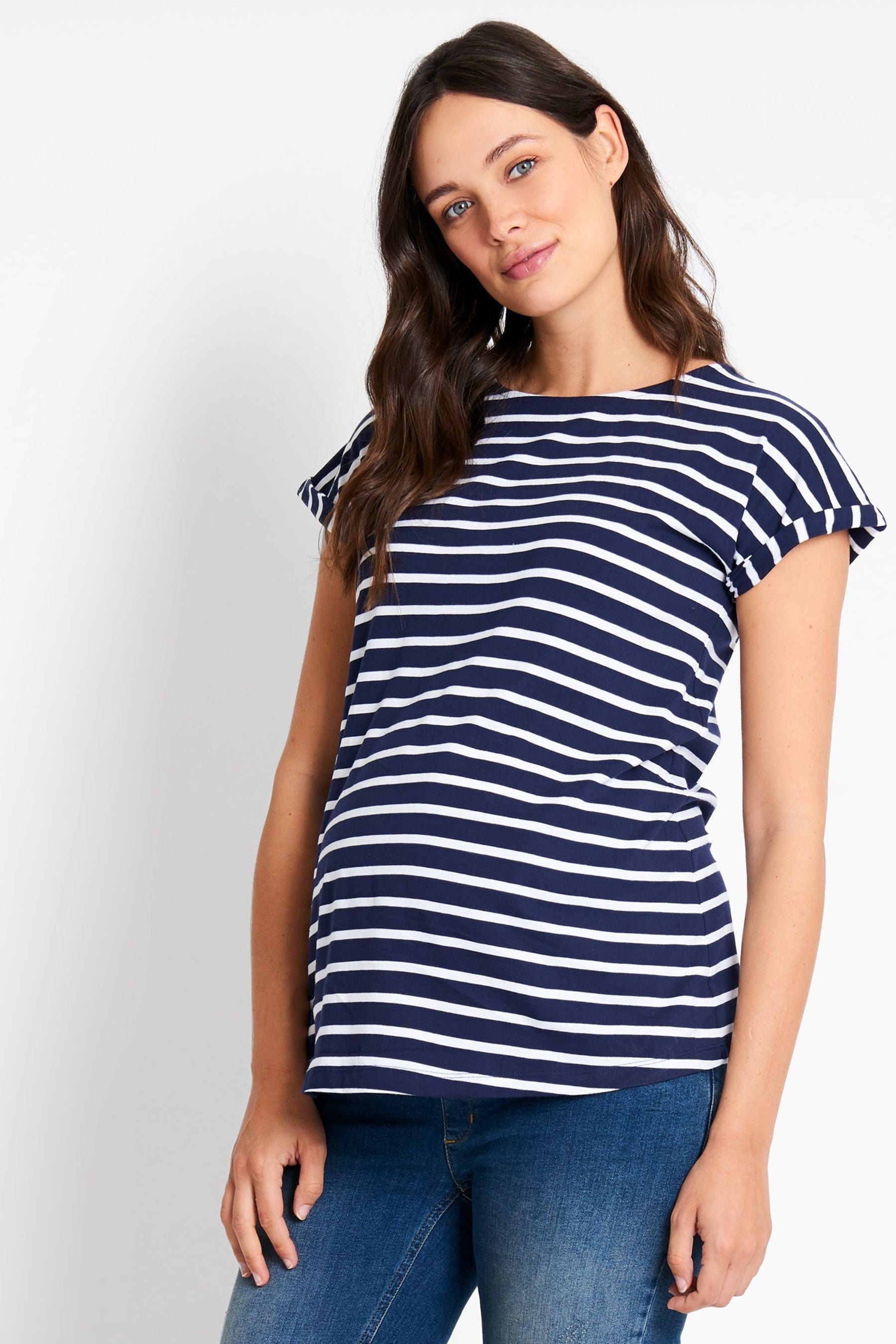 Navy White Stripe JoJo Maman Bébé Boyfriend Cotton Maternity T-Shirt