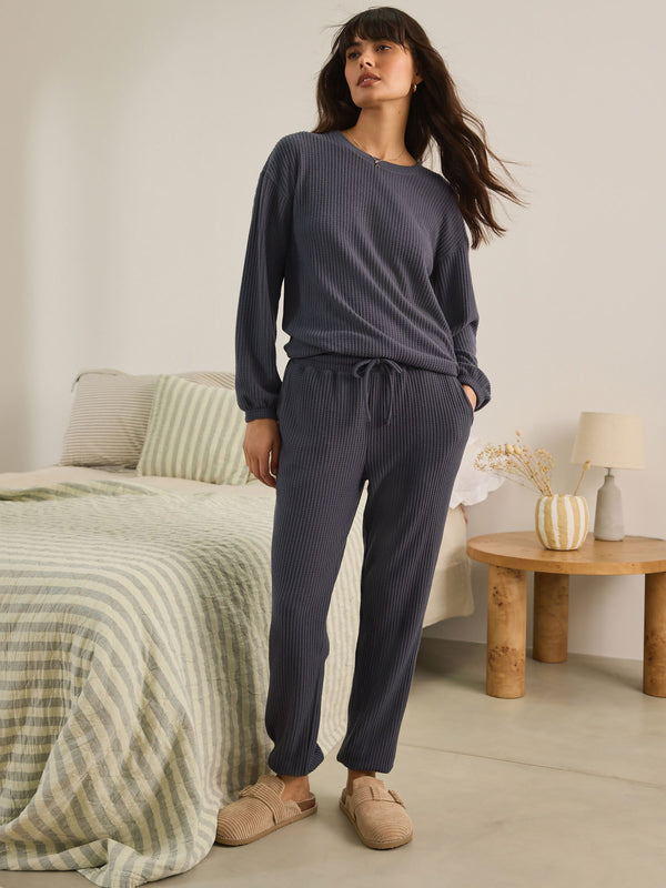 Navy Cosy Waffle Long Sleeve Pyjamas