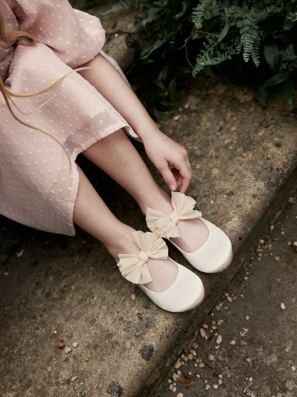 Ivory Cream Bow Stain Resistant Satin Bridesmaid Ballet Shoes