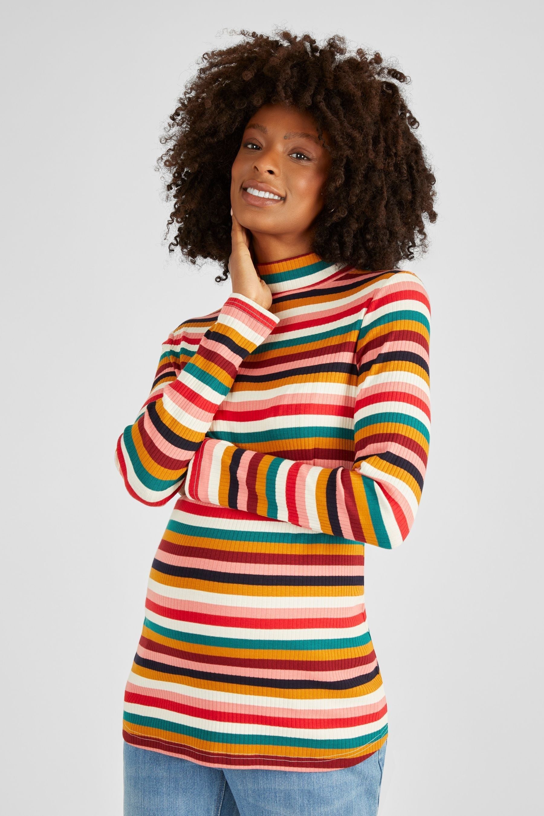 Multi JoJo Maman Bébé Stripe Ribbed Jersey Polo Neck Top