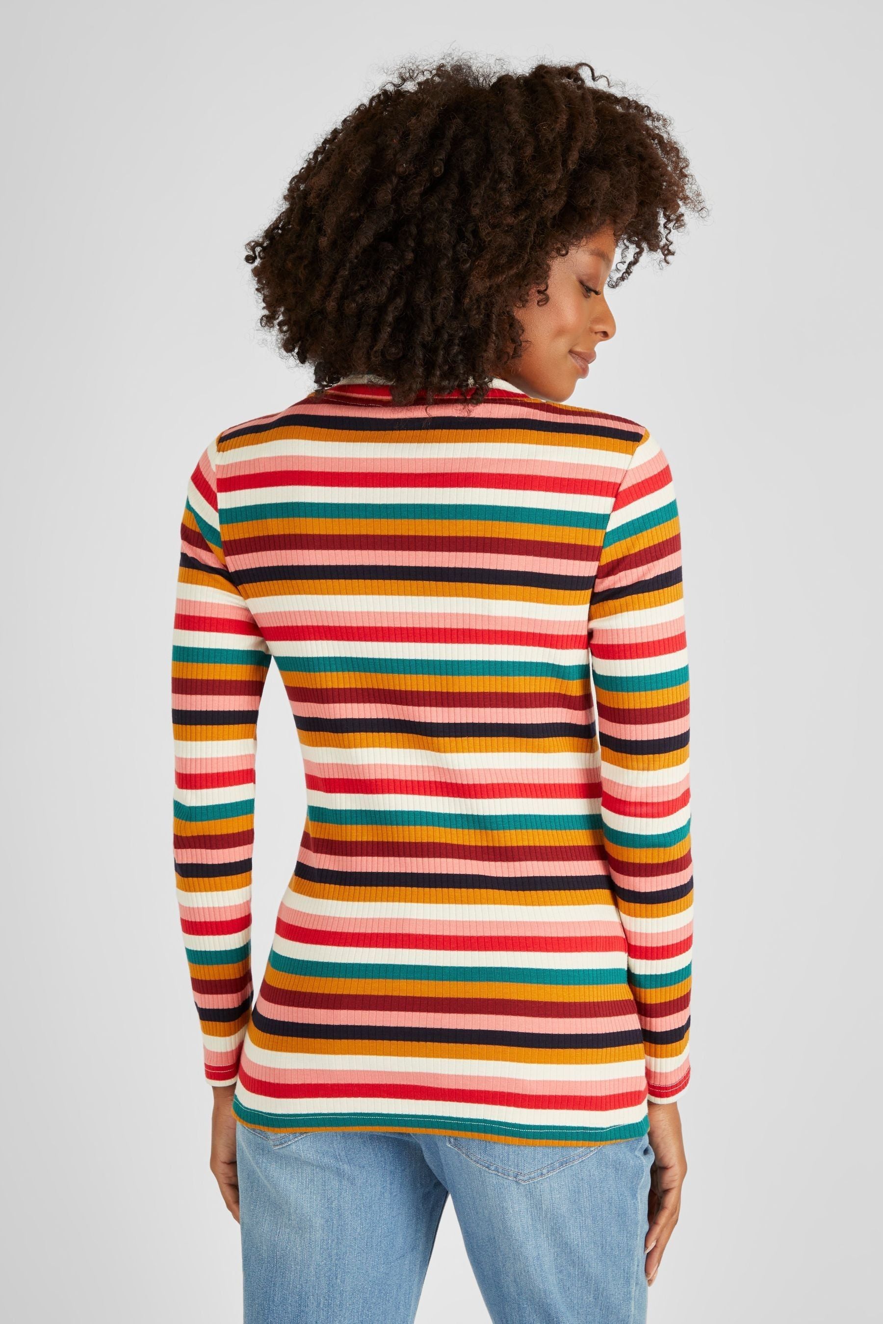 Multi JoJo Maman Bébé Stripe Ribbed Jersey Polo Neck Top