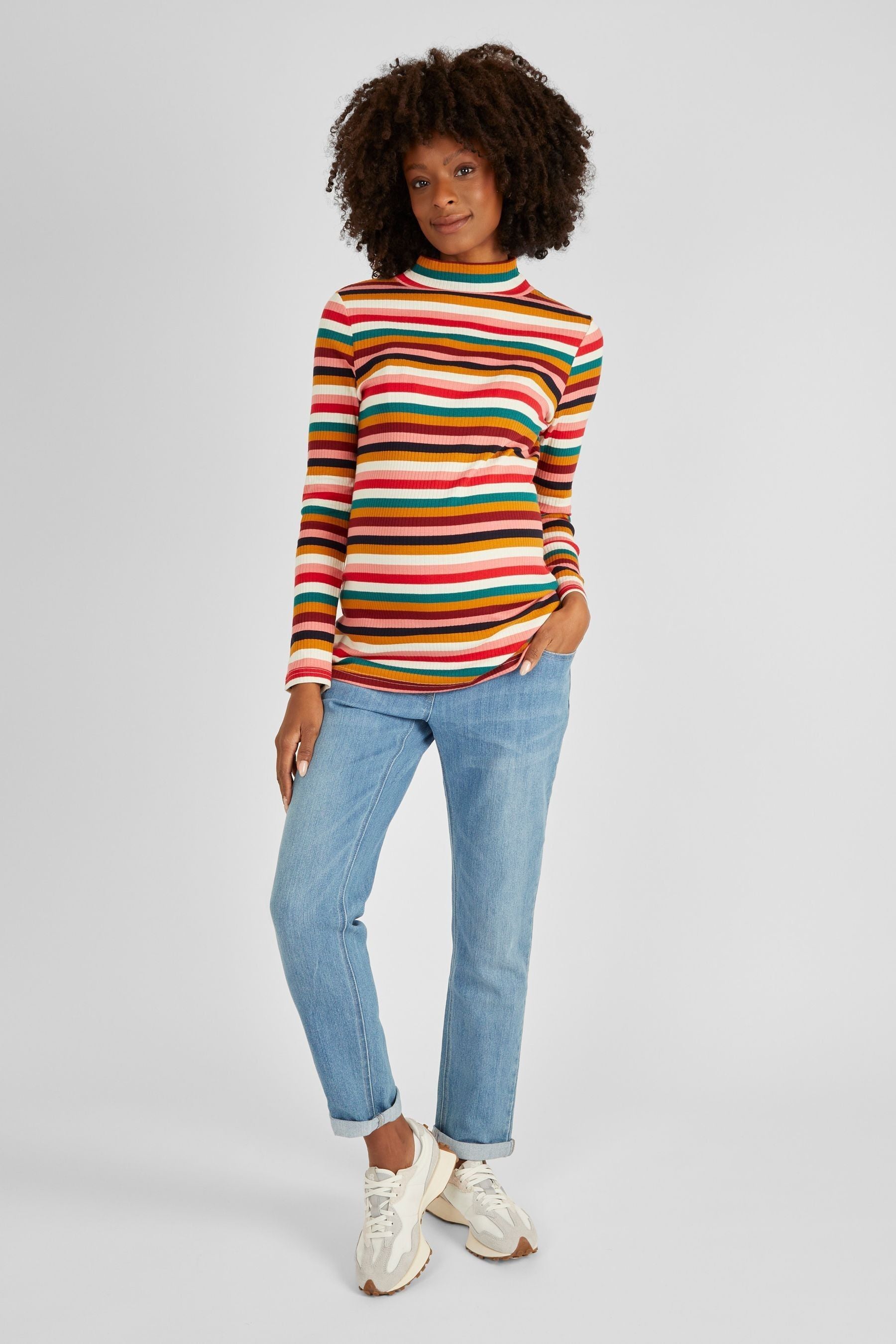 Multi JoJo Maman Bébé Stripe Ribbed Jersey Polo Neck Top