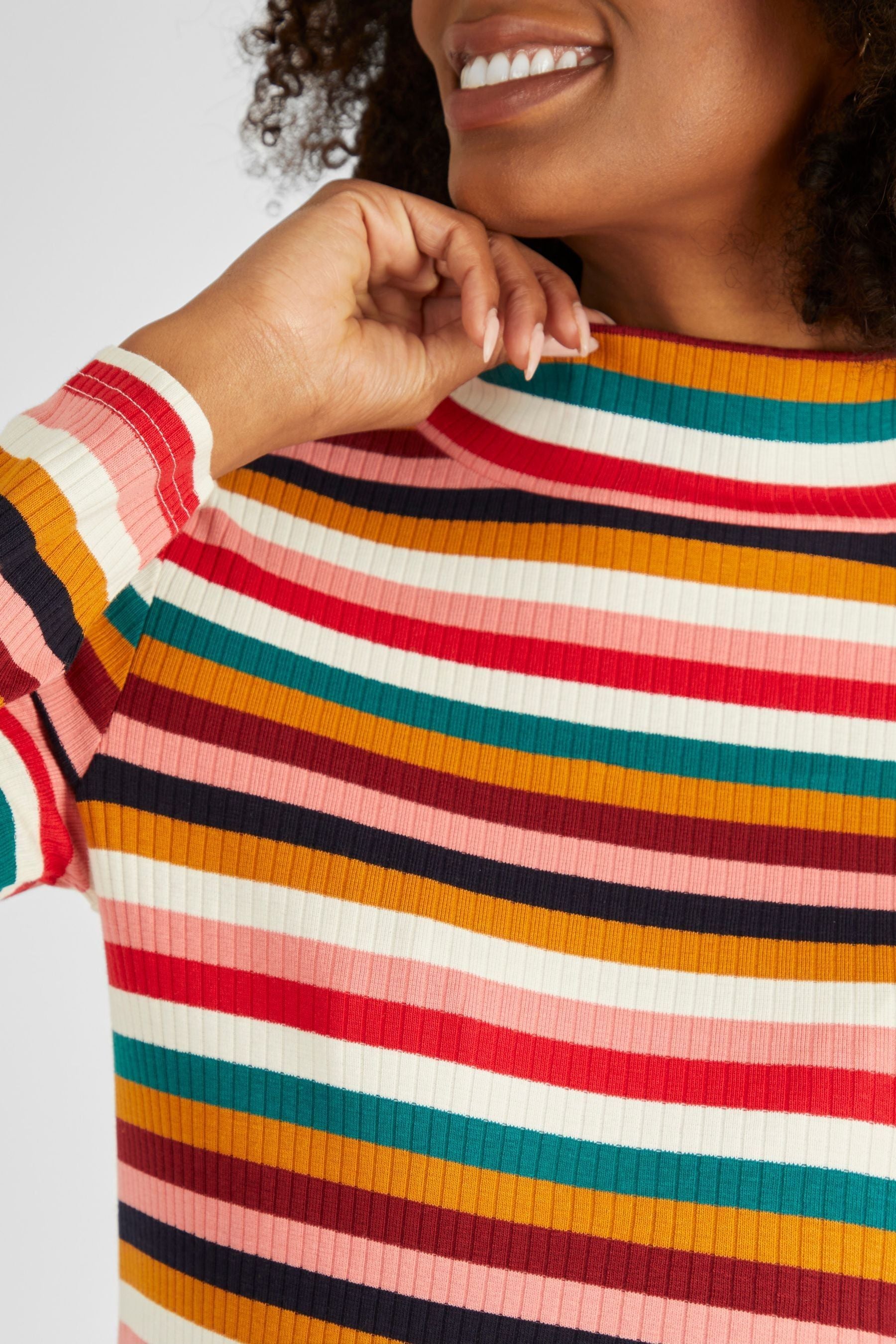 JoJo Maman Bébé Multi Stripe Ribbed Jersey Polo Neck Top