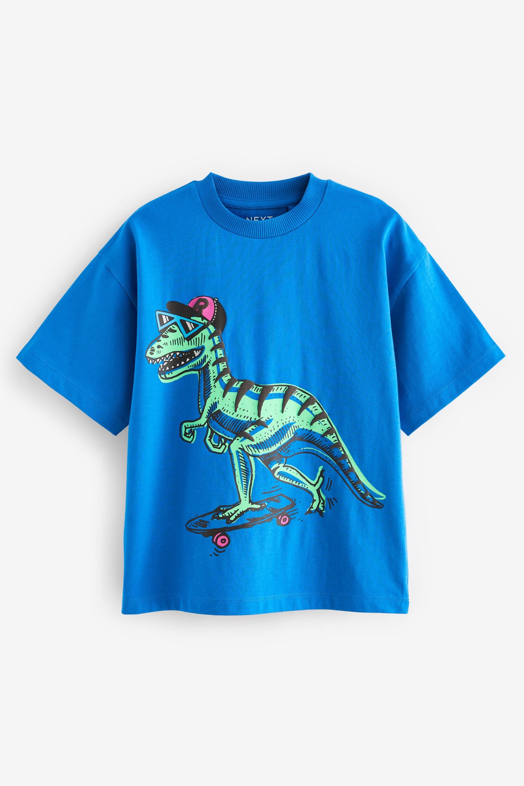 Bright Blue Skating Dino Relaxed Fit Short Sleeve Graphic 100% Cotton T-Shirt (3-16yrs)