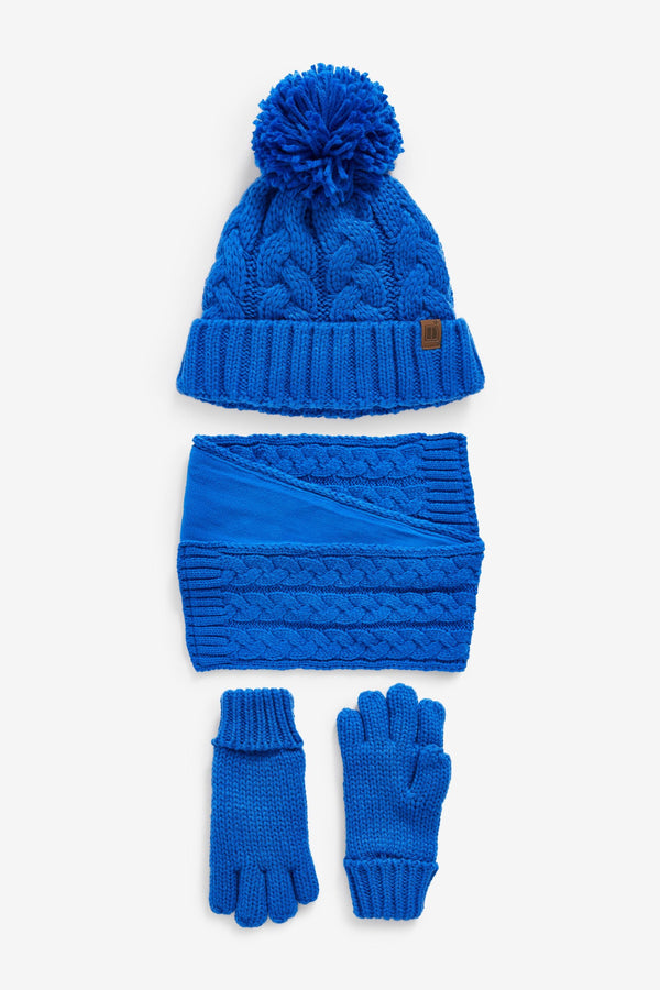 Cobalt Blue Knitted Hat, Gloves and Scarf 3 Piece Set (3-16yrs)