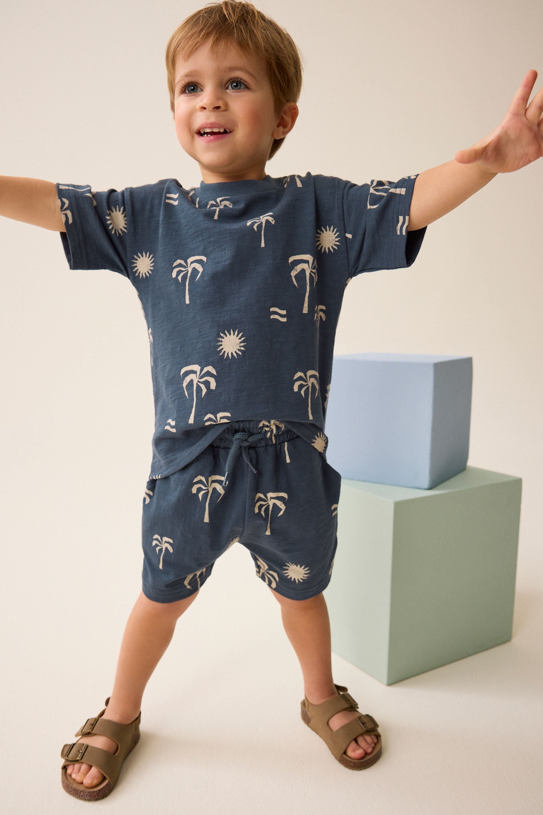 Navy Blue Palms T-Shirt And Shorts Set (3mths-7yrs)