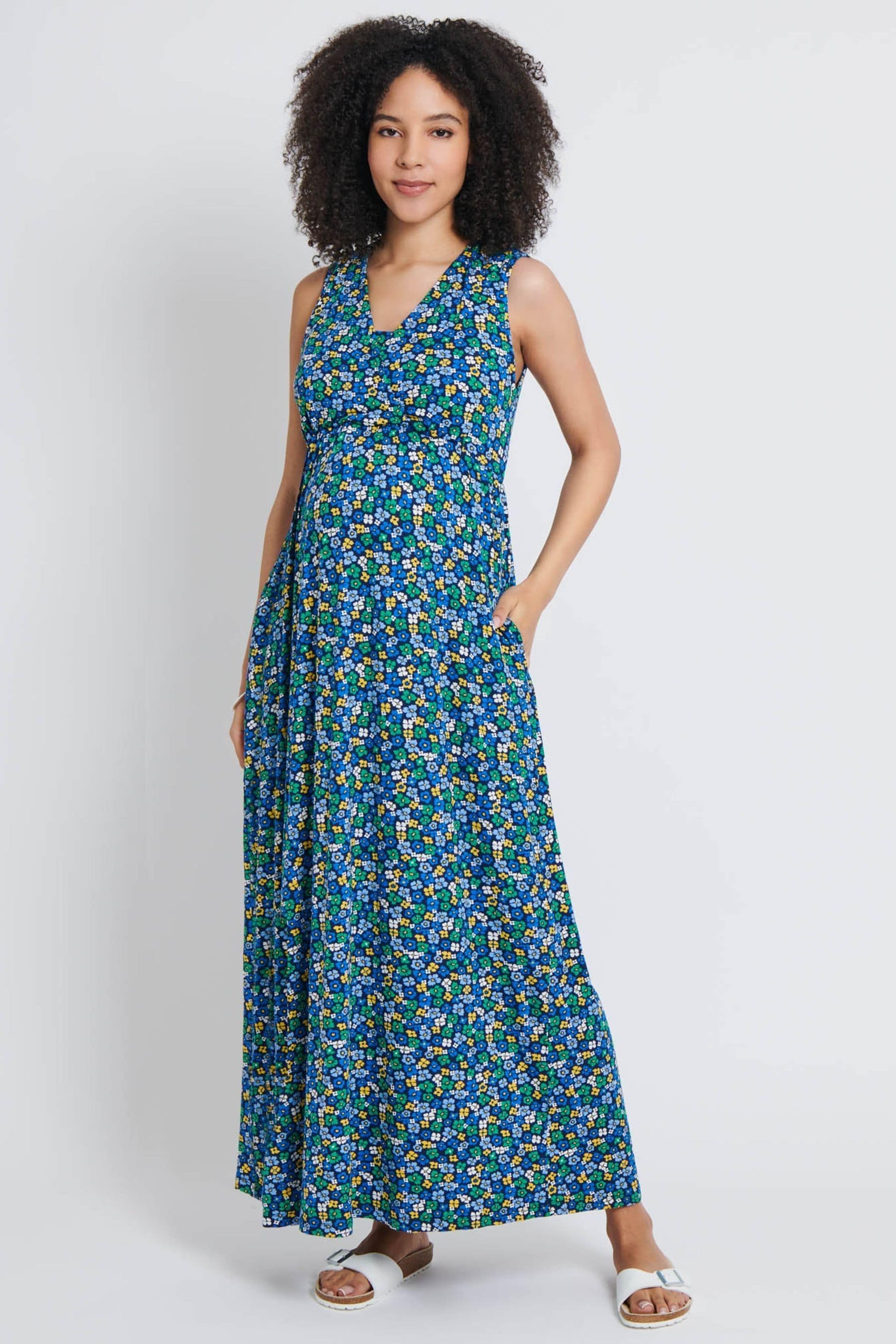 Blue JoJo Maman Bébé Ditsy Print Maternity & Nursing Maxi Dress