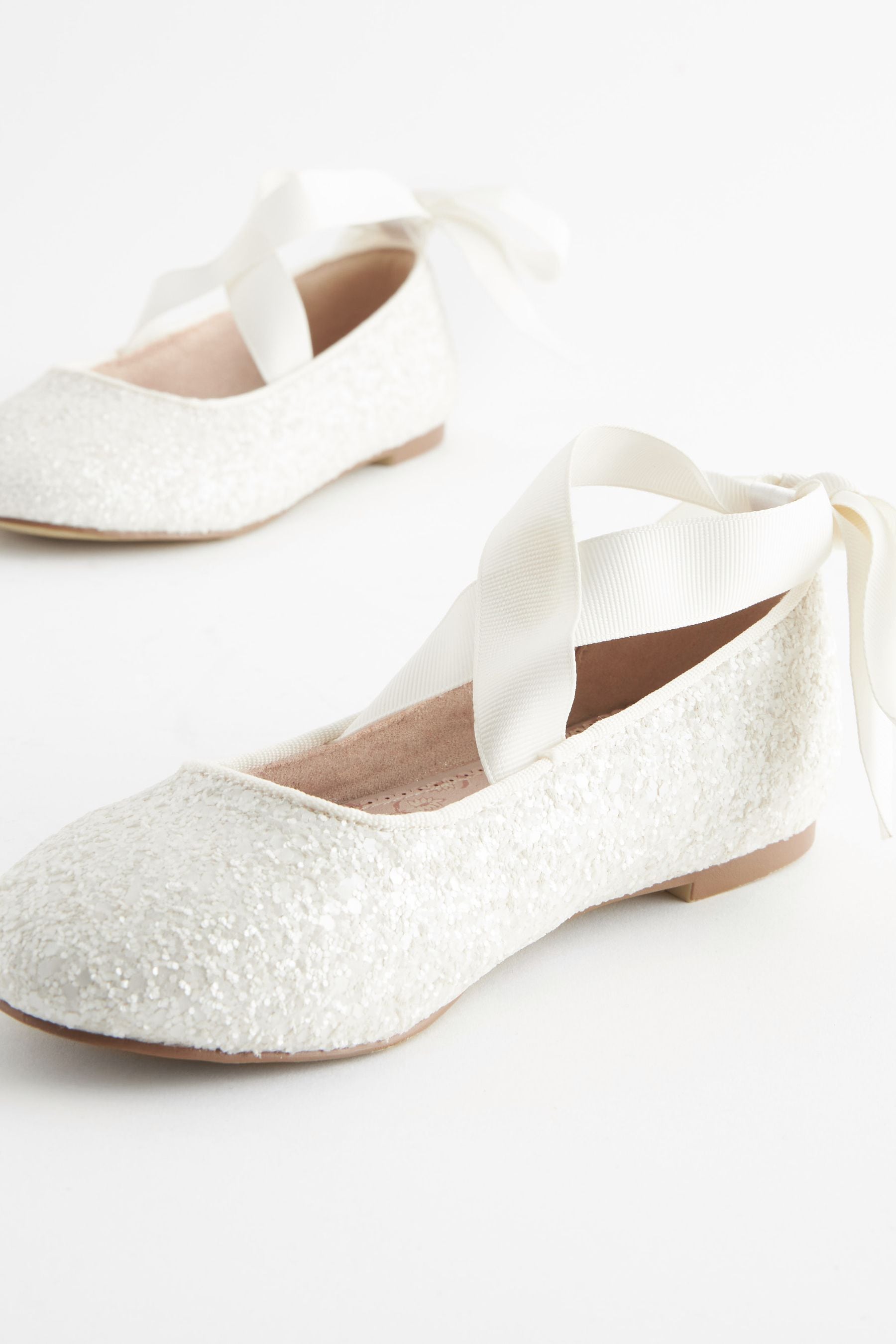 White Glitter Tie Ballerina Occasion Shoes