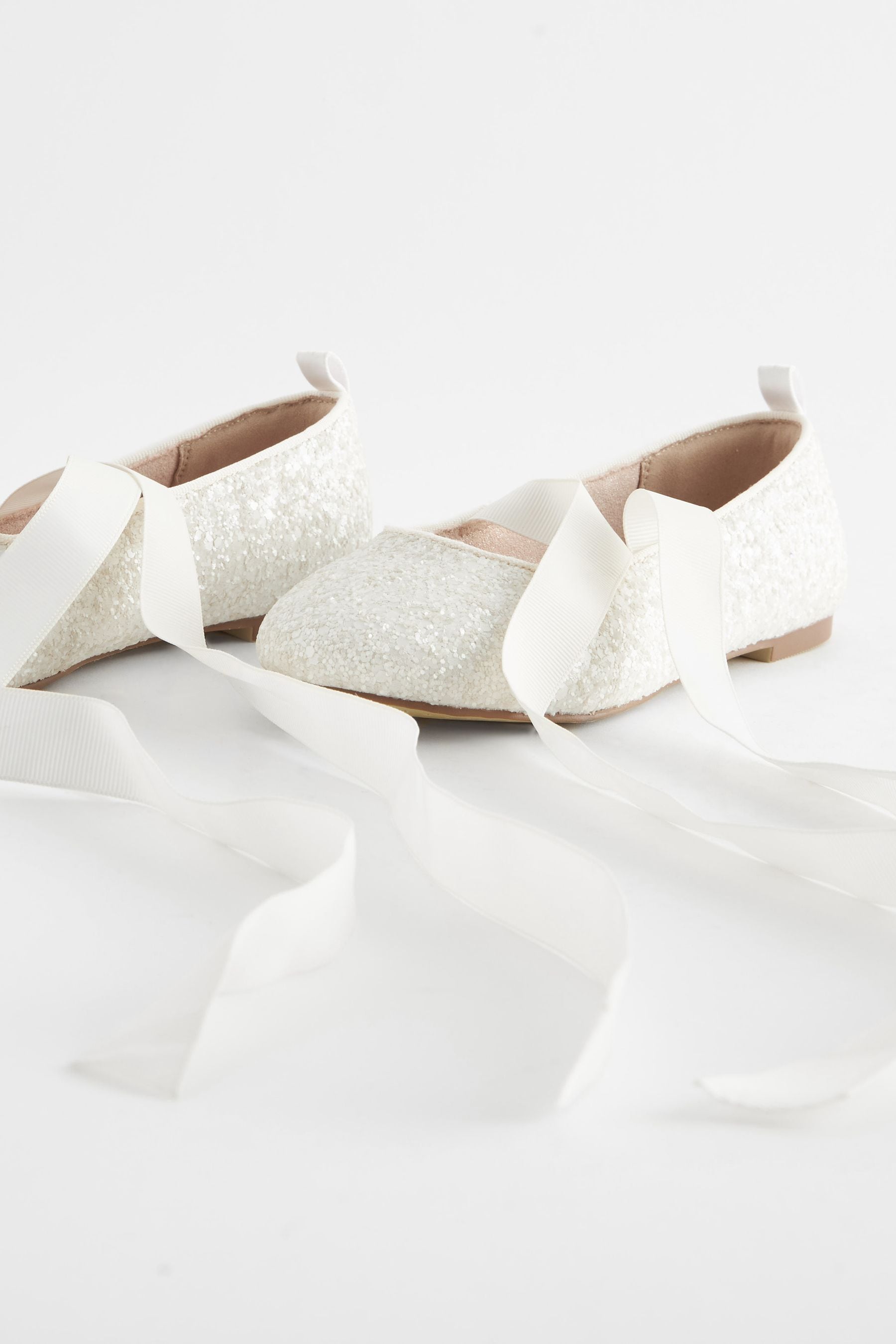 White Glitter Tie Ballerina Occasion Shoes