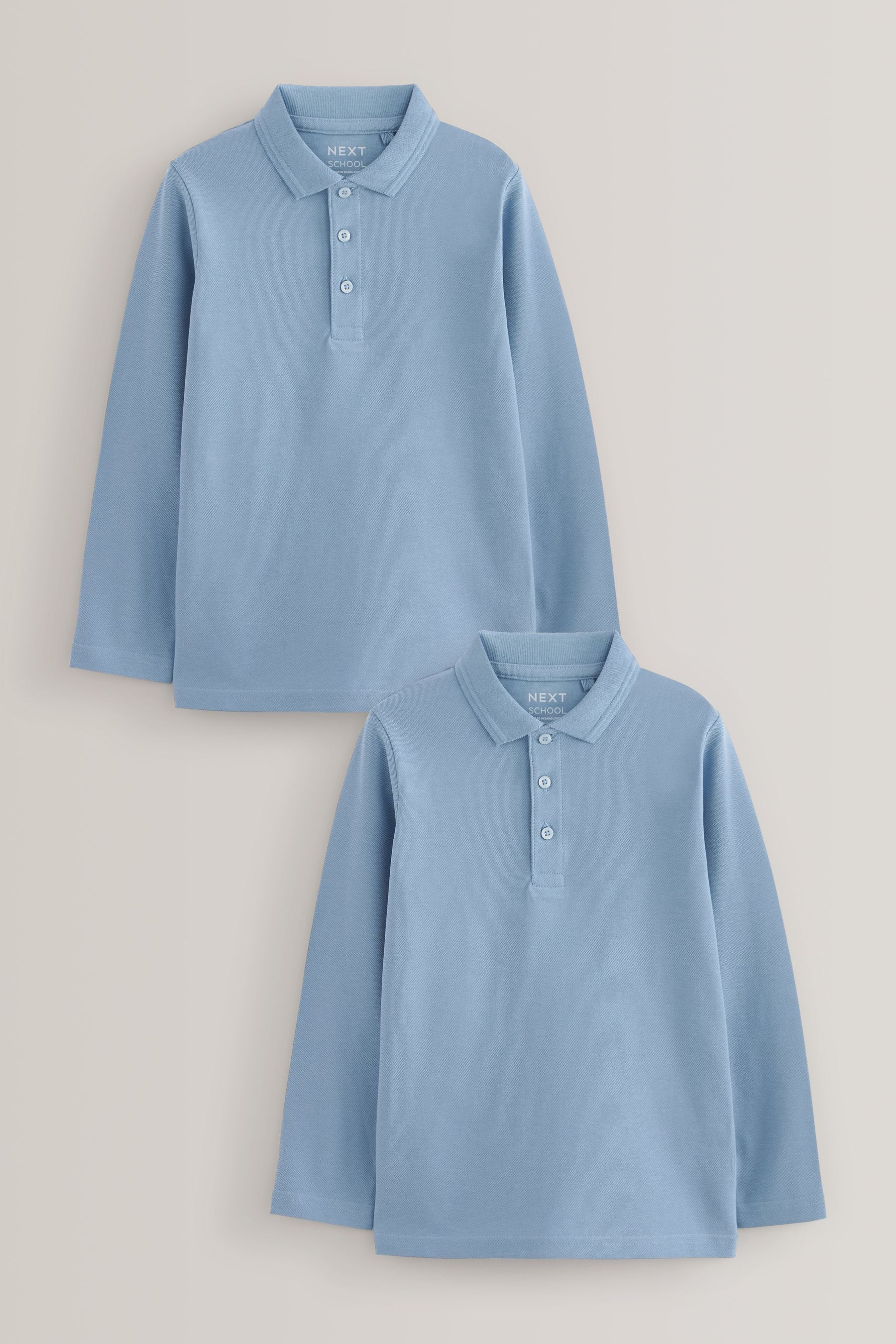 Blue 2 Pack 100% Cotton Long Sleeve School Polo Shirts (3-16yrs)