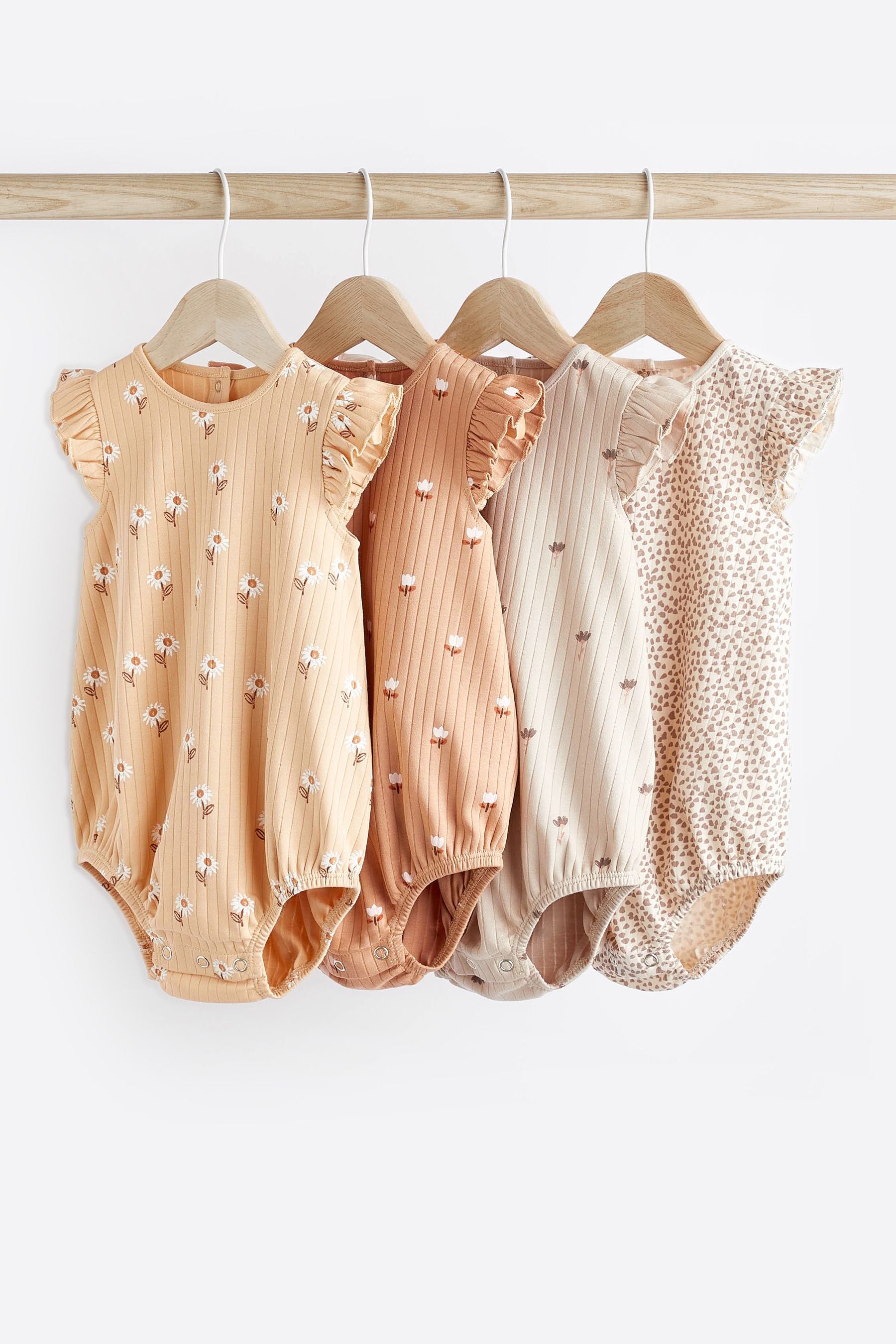 Beige/Cream Floral Baby Bloomer Rompers 4 Pack