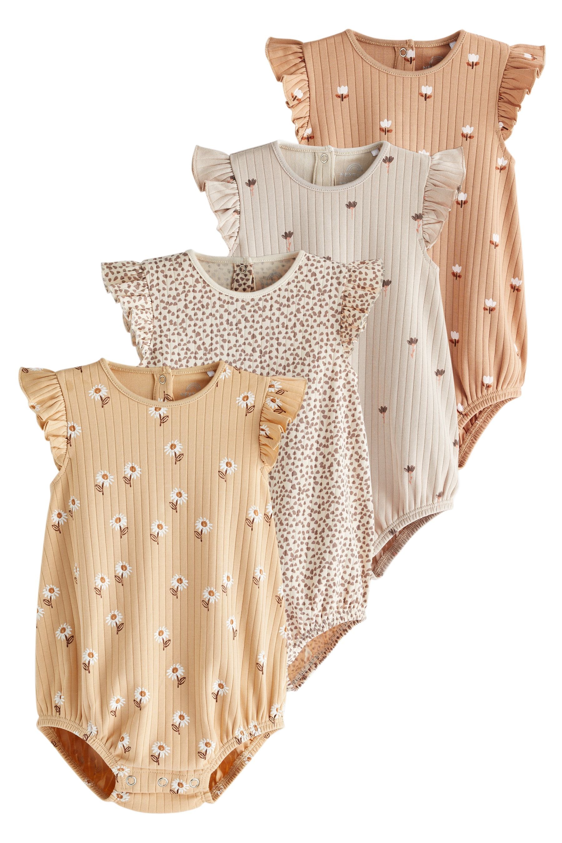 Beige/Cream Floral Baby Bloomer Rompers 4 Pack