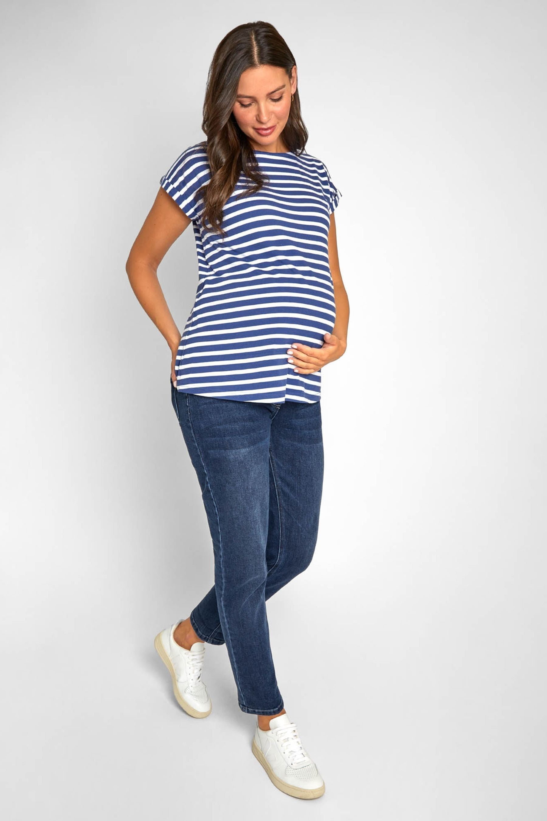 Blue White Stripe JoJo Maman Bébé Boyfriend Cotton Maternity T-Shirt