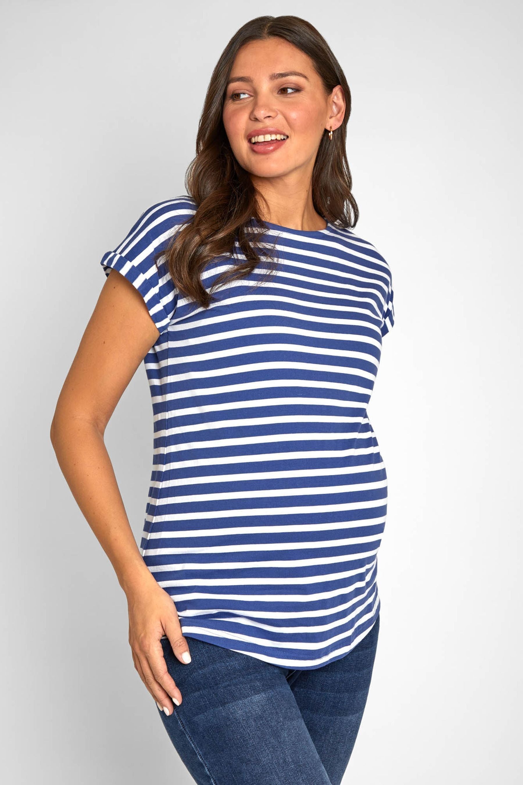 Blue White Stripe JoJo Maman Bébé Boyfriend Cotton Maternity T-Shirt