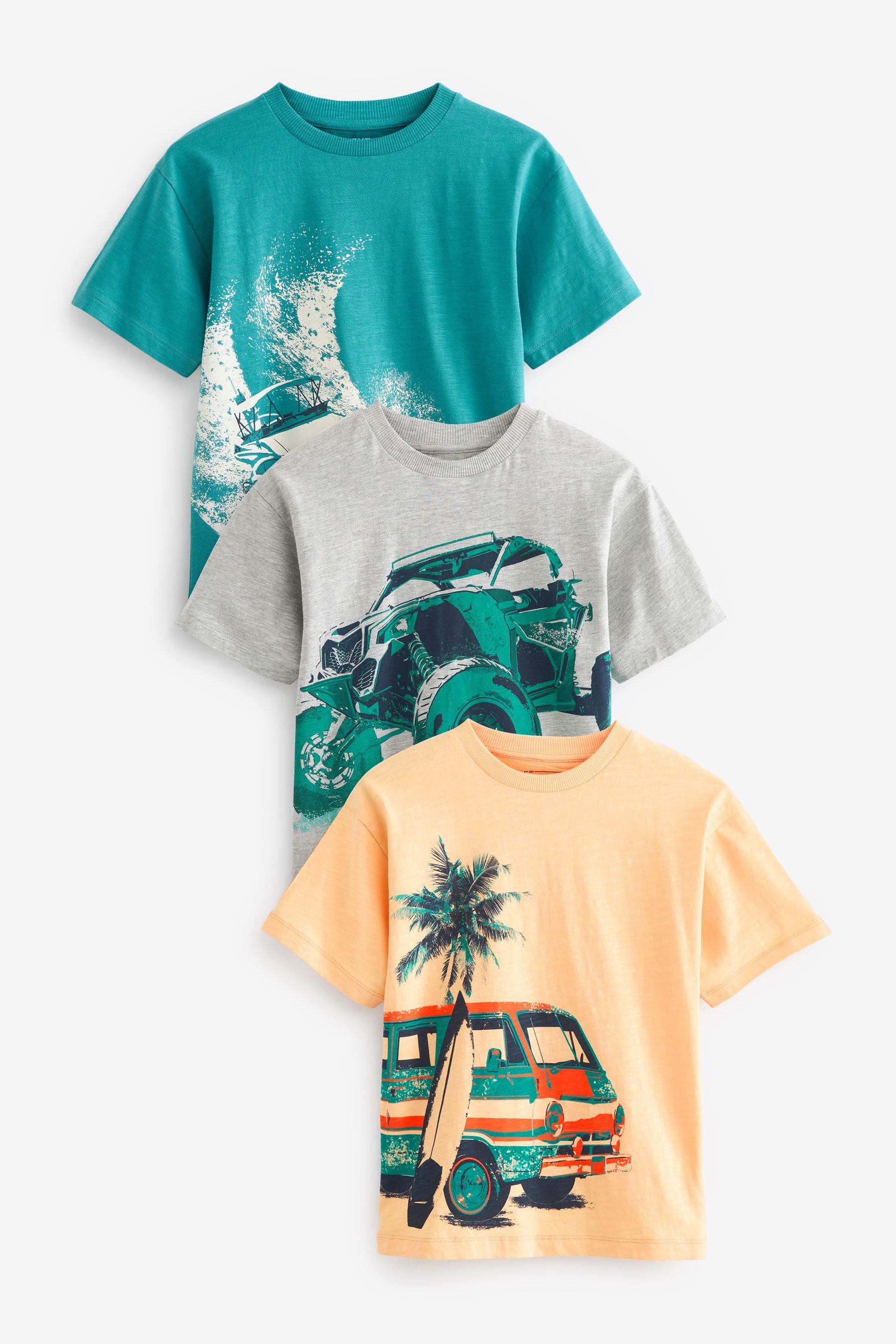 Yellow/ Blue Summer Transport Graphic Relaxed Fit Short Sleeve T-Shirts 3 Pack (3-16yrs)