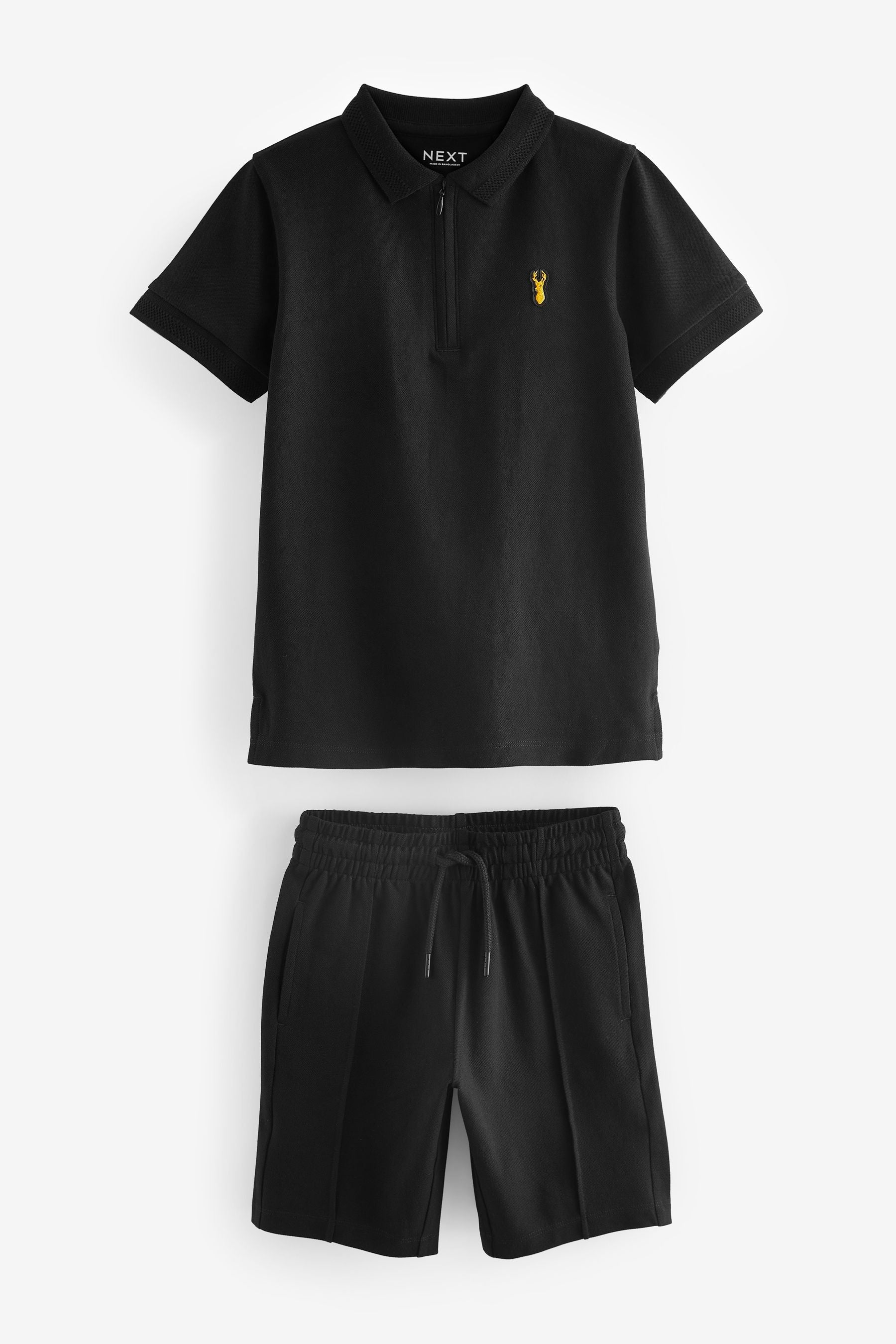 Black Zip Neck Polo Shirt And Shorts Set (3-16yrs)