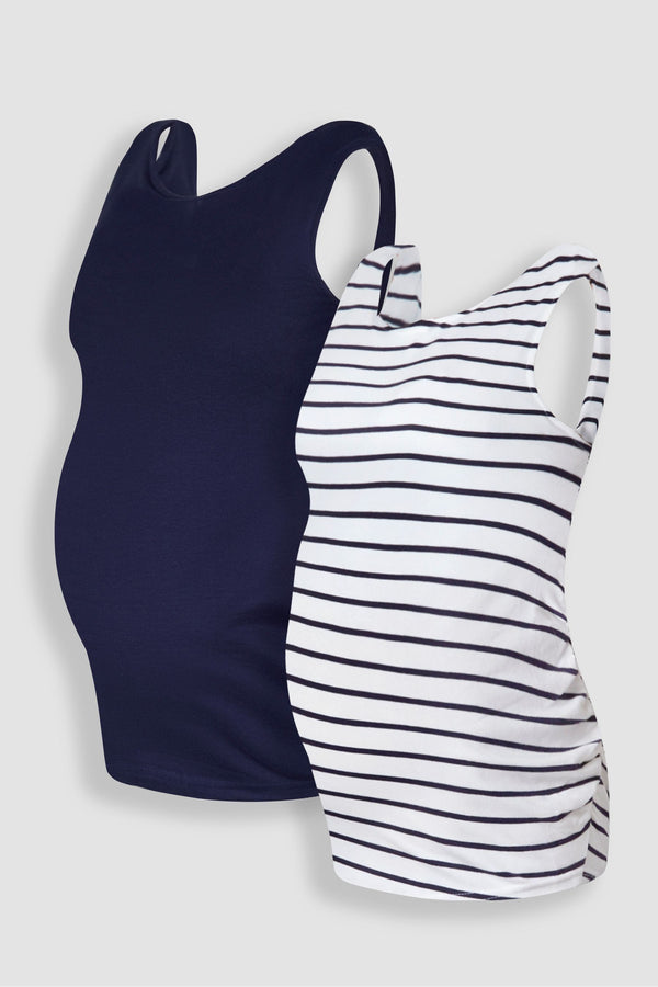 JoJo Maman B?©b?© Navy Blue & White Navy Blue Stripe 2-Pack Ruched Maternity Vest Tops