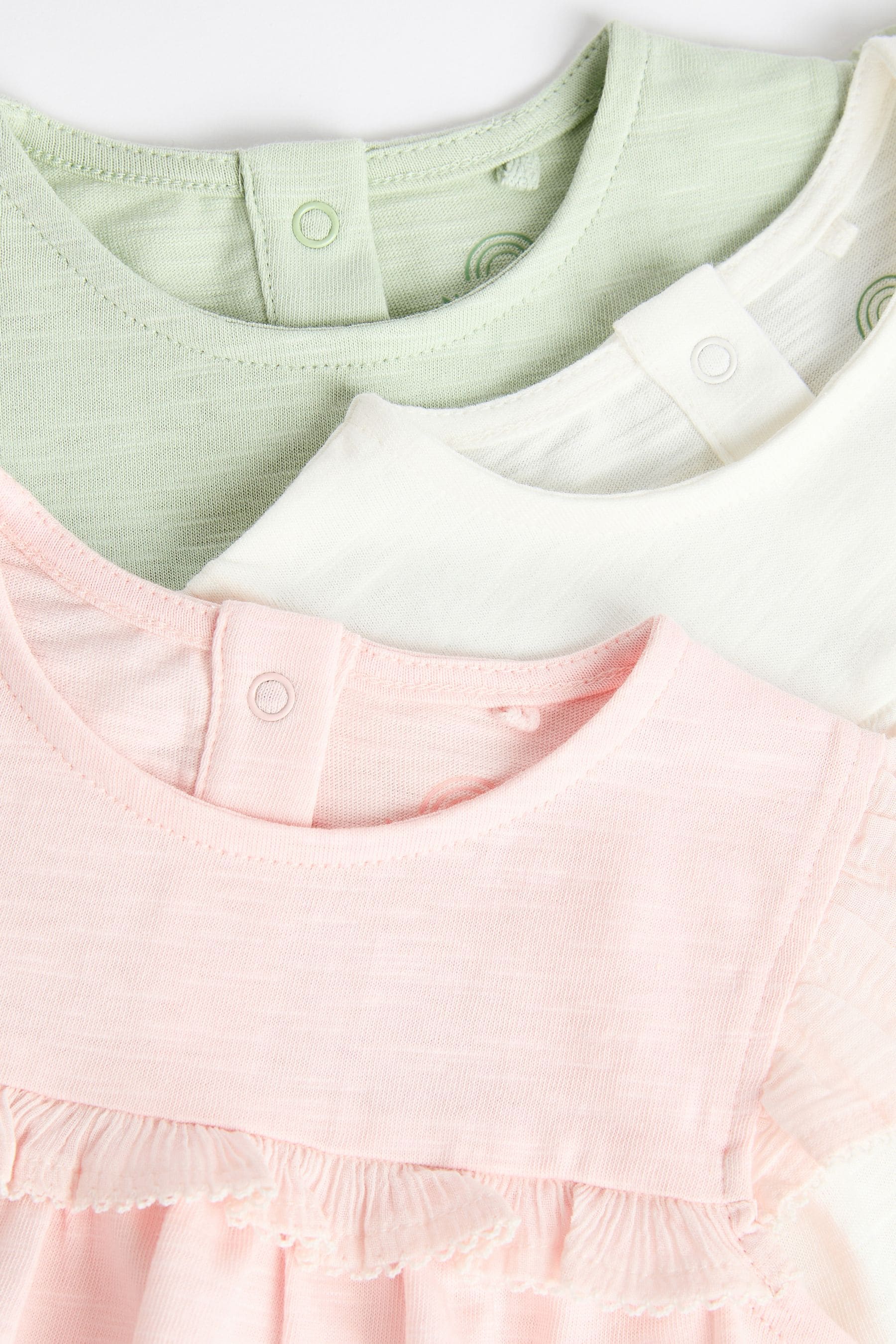 Green/Pink/White Short Sleeve 100% Cotton Baby Tops 3 Pack