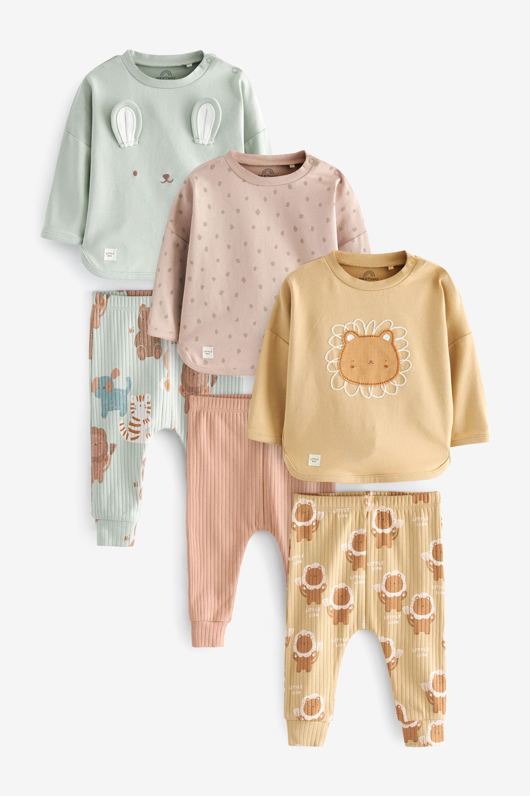 Ochre Yellow/Mint Green Character Baby T-Shirts And Leggings 6 Piece Set (0mths-2yrs)