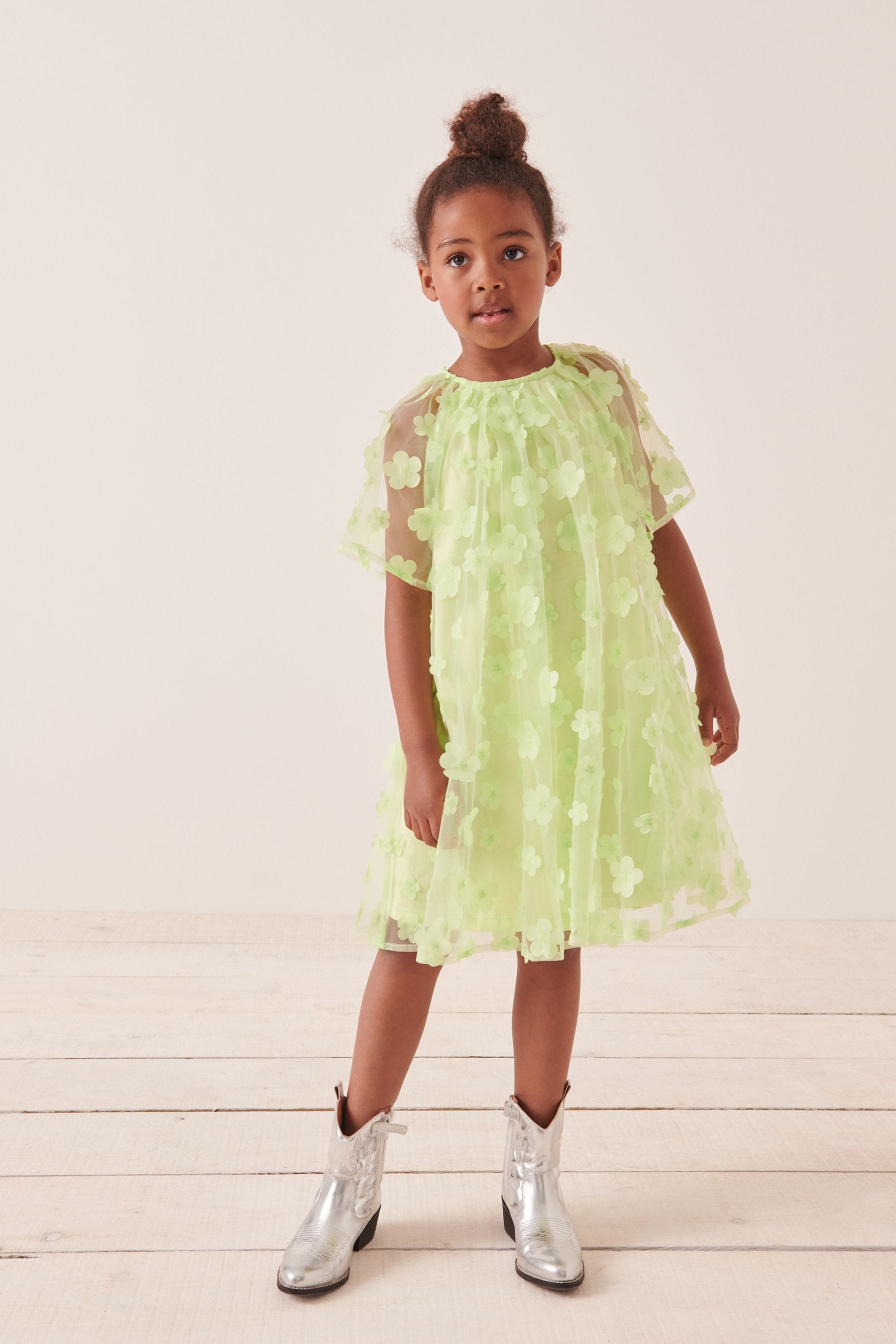 Green 3D Flower Party Dress (3-16yrs)