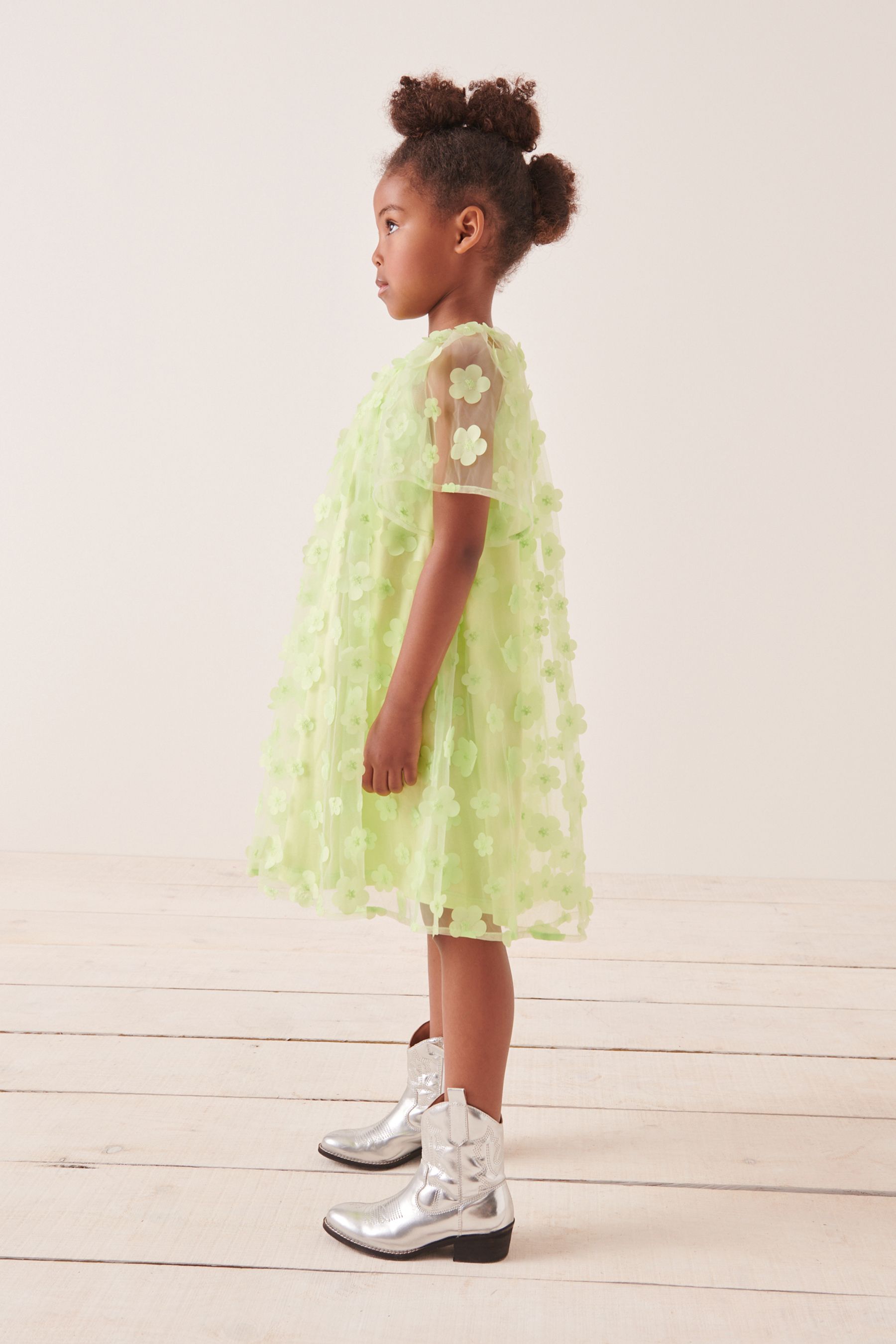 Green 3D Flower Party Dress (3-16yrs)