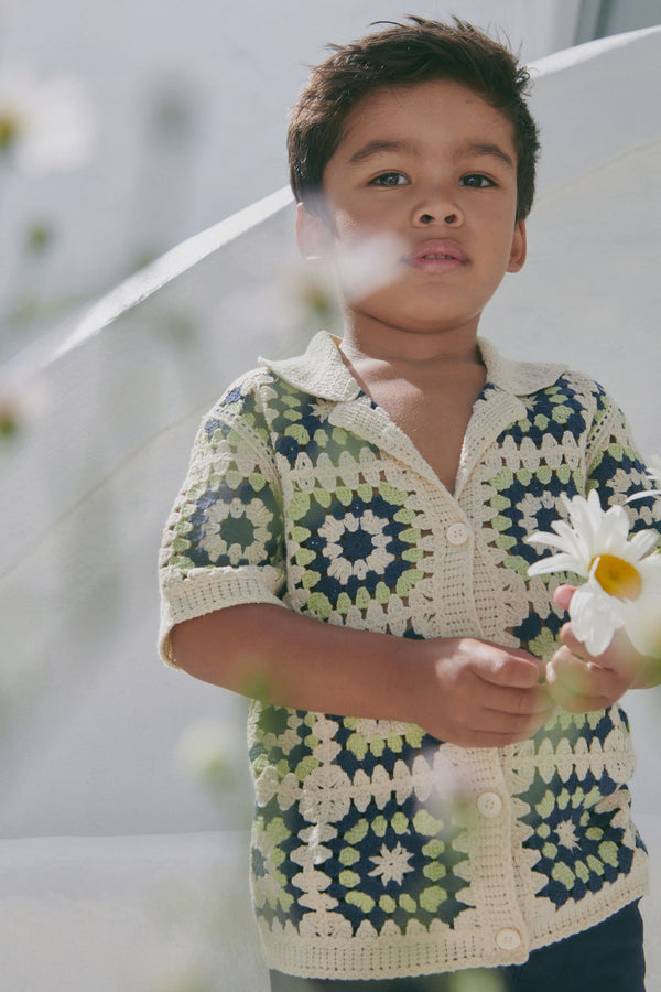 Neutral Short Sleeve Crochet Knitted Shirt (12mths-7yrs)