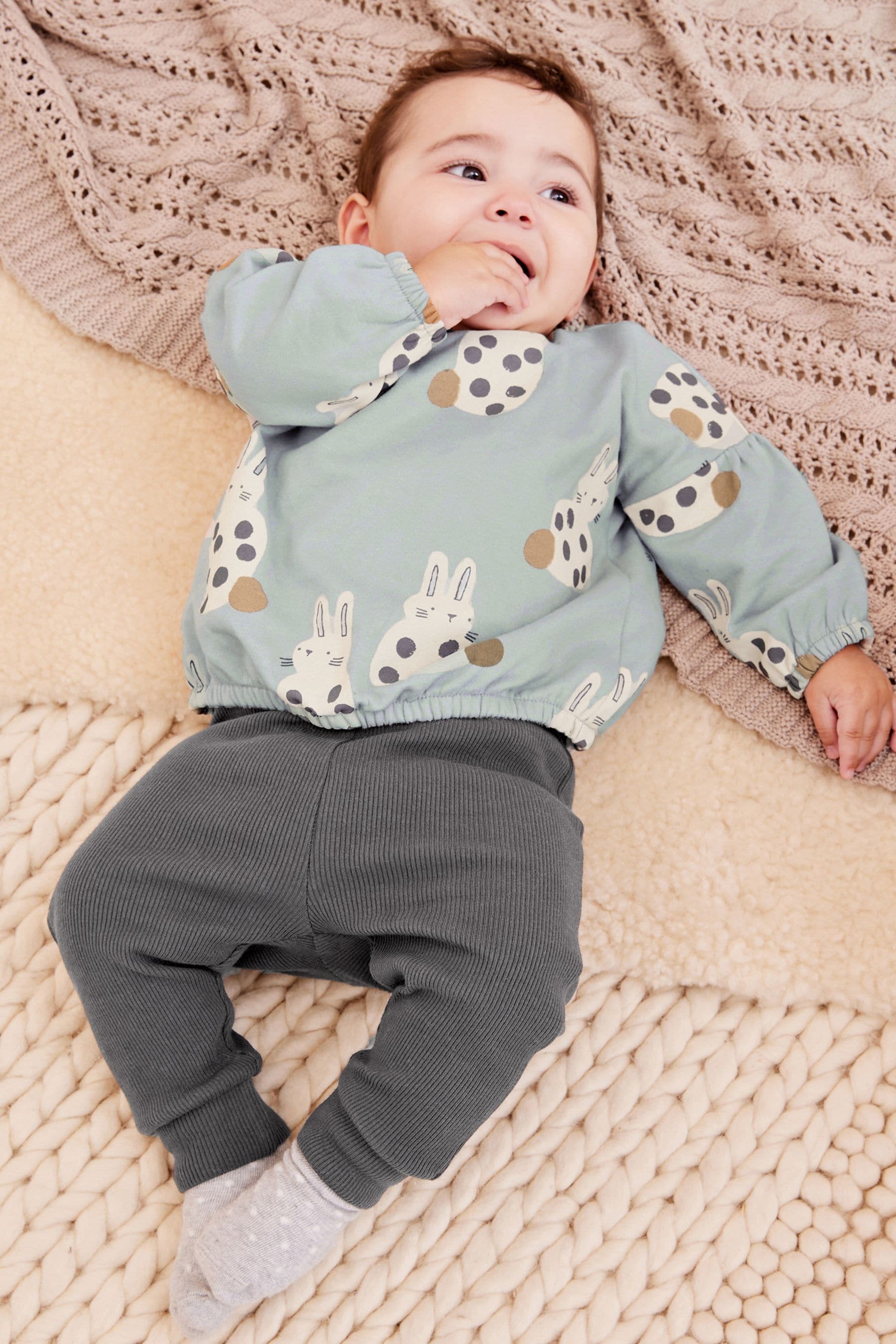 Blue/Black Bunny Print Baby Cosy Sweater And Leggings 2 Piece Set